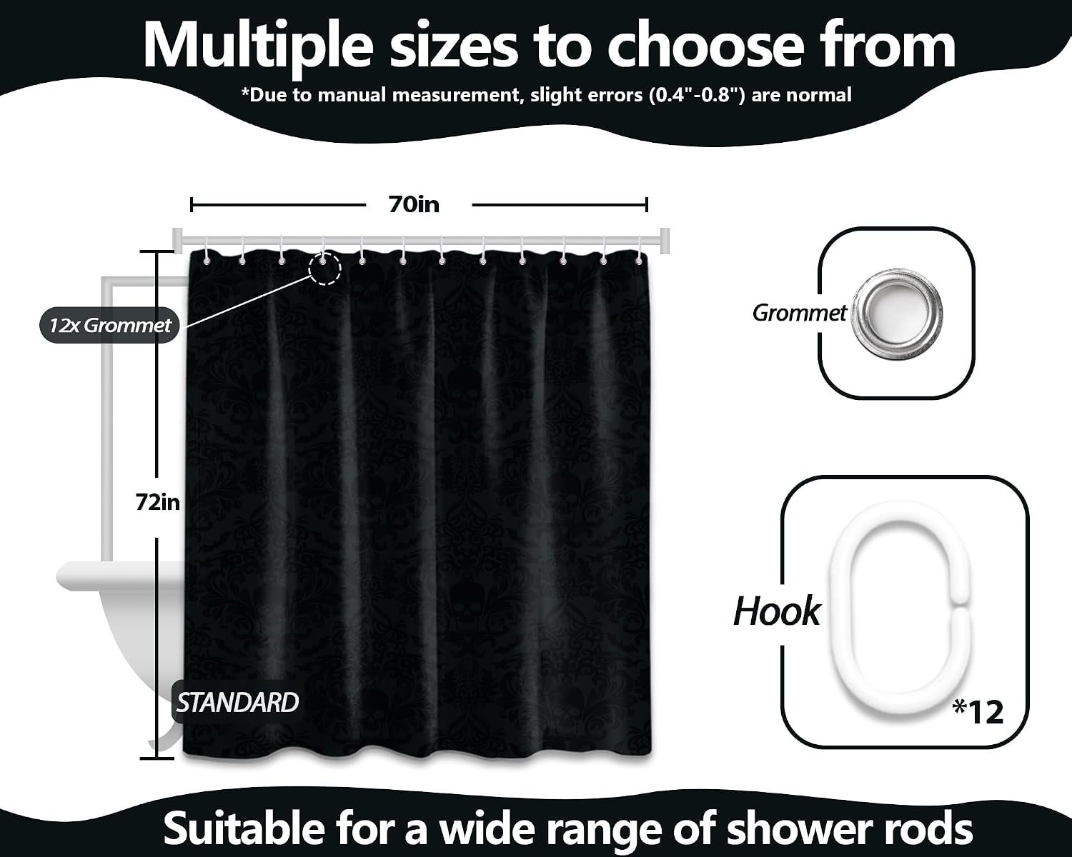 Gothic Skull Shower Curtain Bat Goth Black Grey Bathroom Decor, Waterproof Cloth Fabric with Hooks 70" W x 72" L