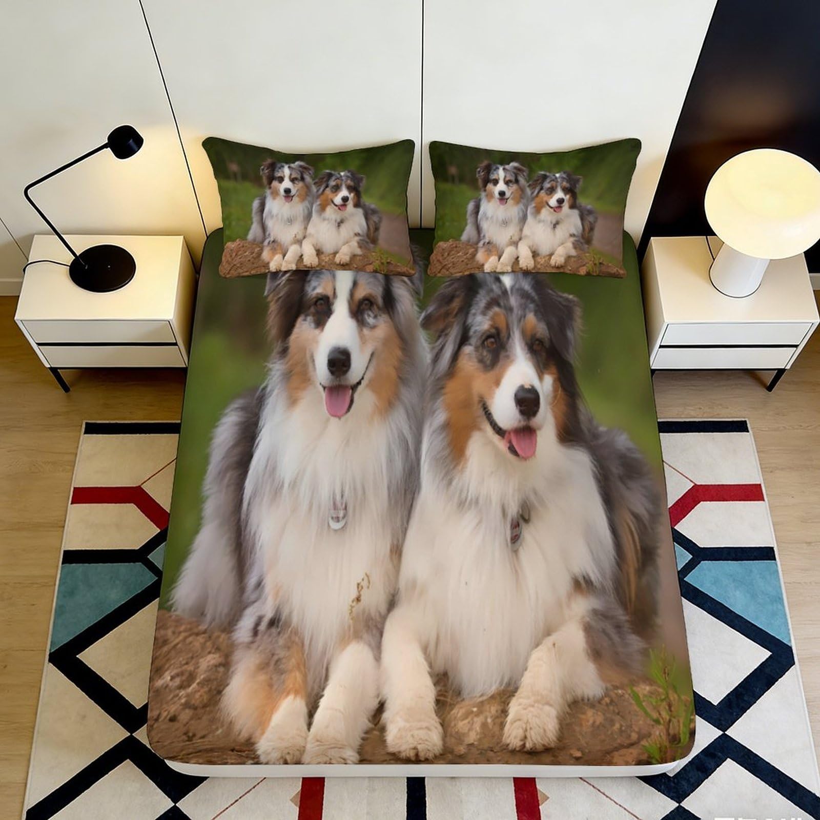 3D Printed Australian Shepherd Fitted Sheet Microfiber Soft Durable Dog Pattern Bed Cover for Bedroom Dormitory Guest Room Mattress Protection 140x200x25cm