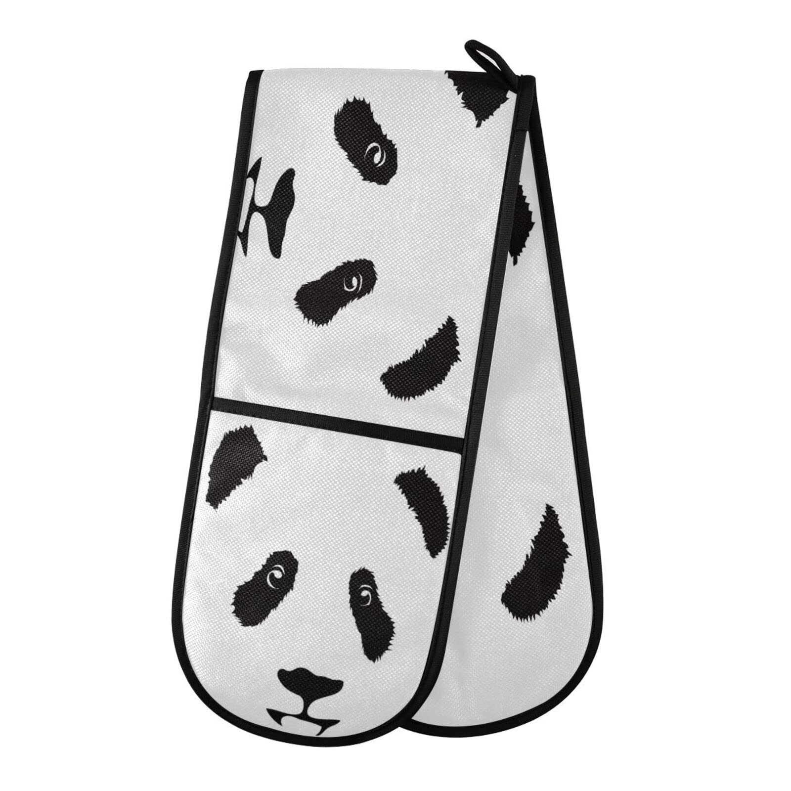 Double Oven Glove Black White Panda Face Heat Resistant Double Ovens Mitt Modern Cooking Gloves Potholders — image 1
