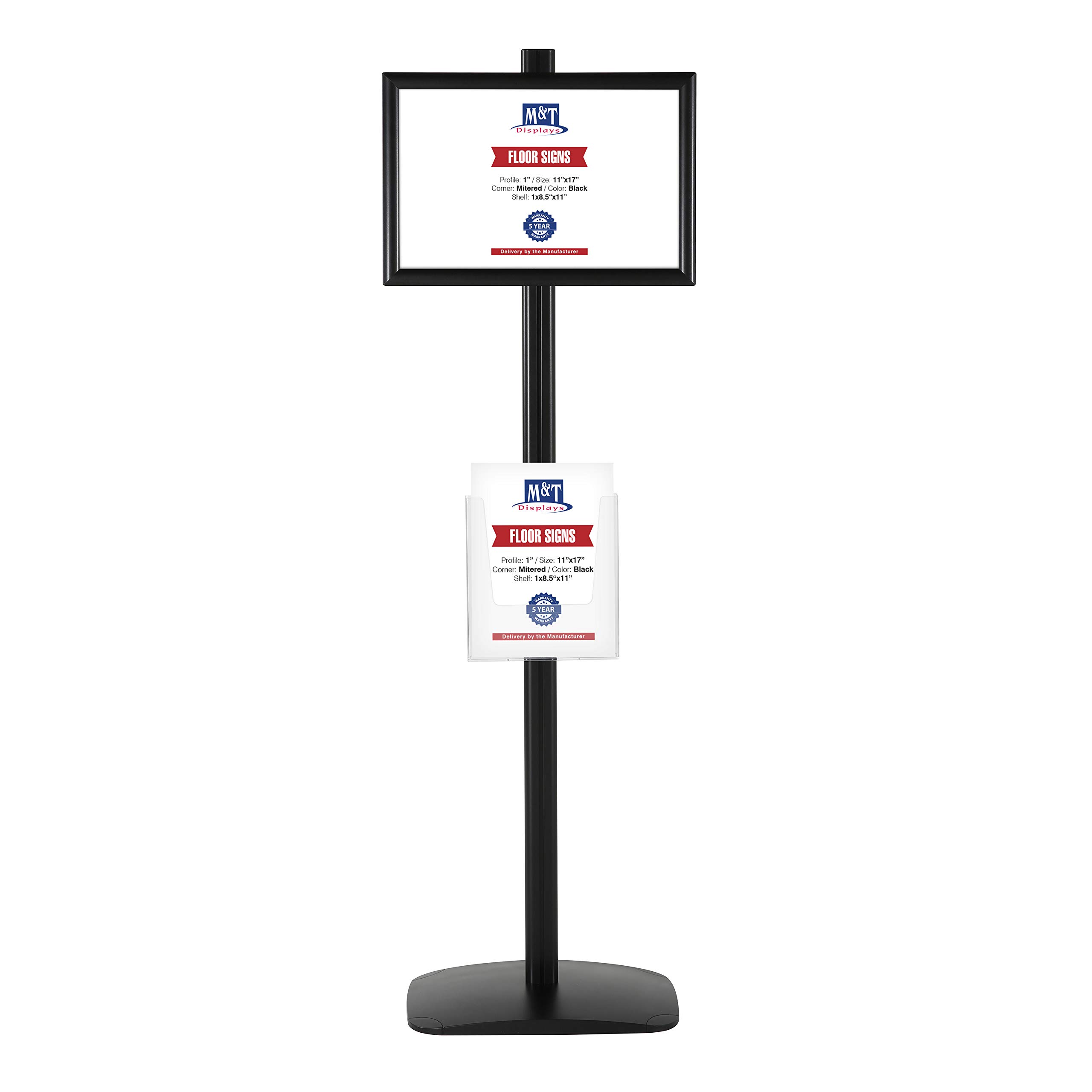 M&T Displays Free Standing Aluminum Display Stand Single Sided Document Brochure Sign Holder Front Loading Portrait Landscape Black Snap Frame 1x(11x17) and Clear Acrylic Pocket 1x(8.5x11) Inch