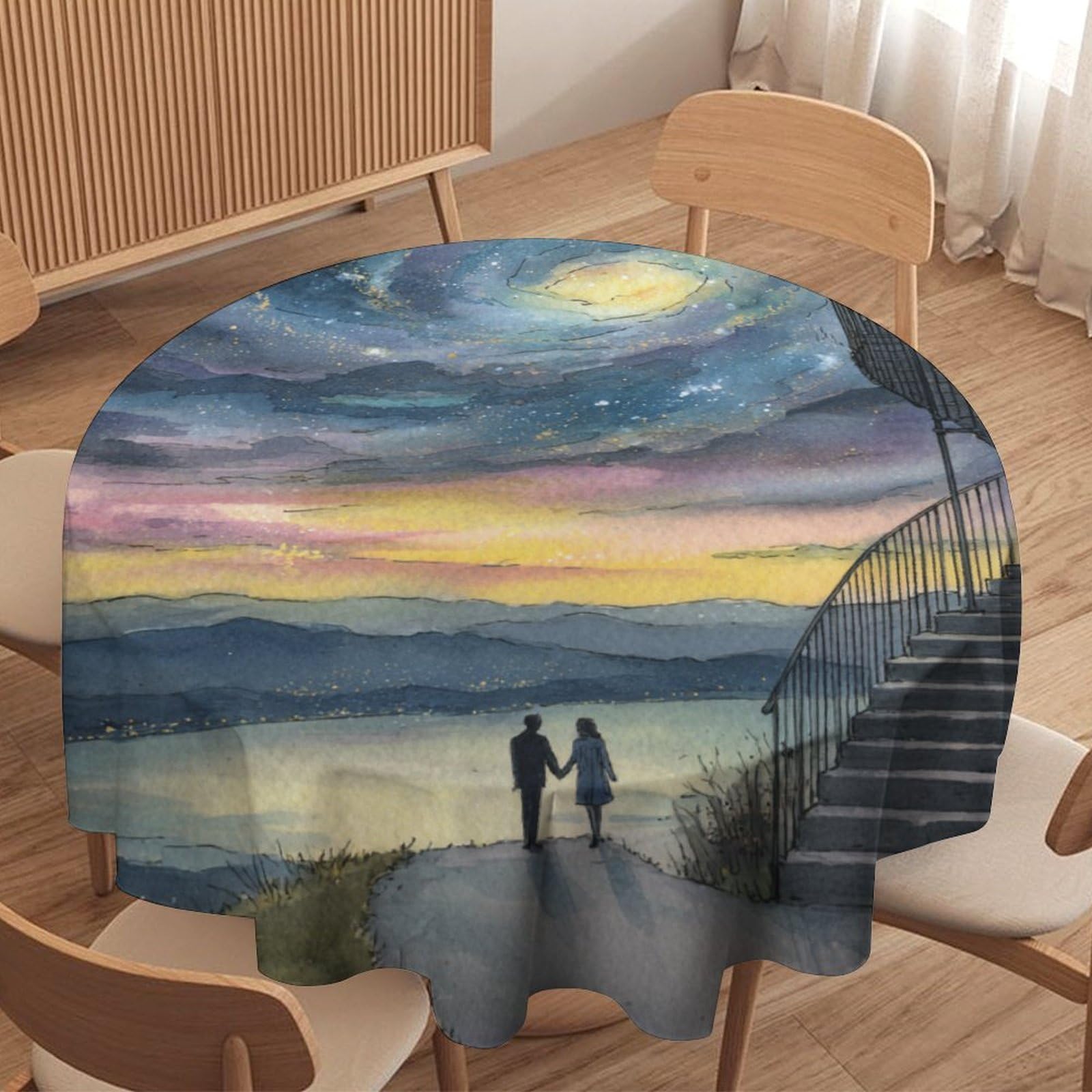 LUYYSKY Rustic Romantic Starry Night Round Tablecloth Funny Watercolor Galaxy Sky Nebula Romantic Couple Washable Decor for Table Cover for Kitchen-177.8" Wx177.8 L cm