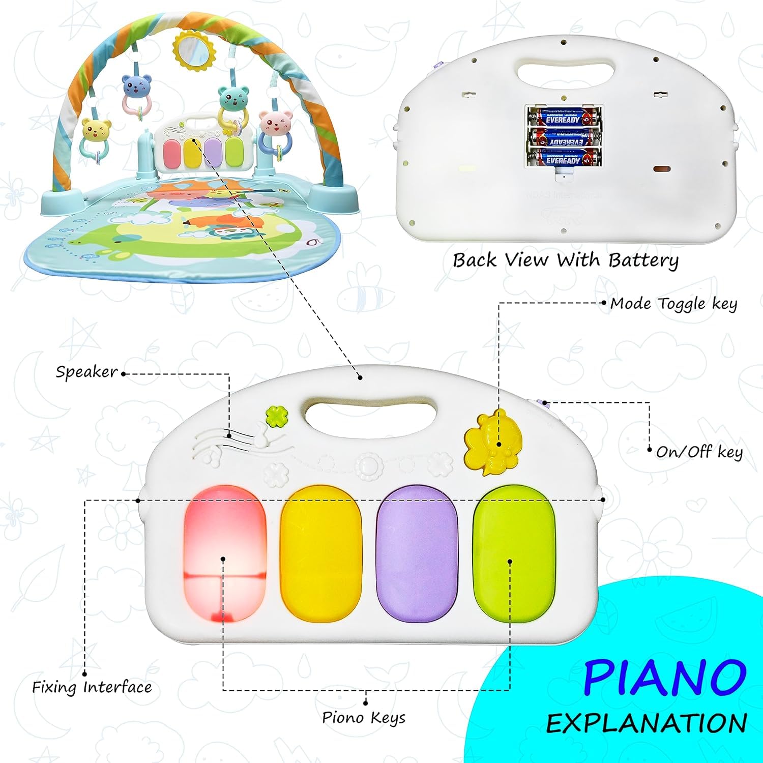 KESI Ornaments Baby Piano Play Mat for Newborns & Infants|Kick and Play Musical Gym with Lights & Sounds|Tummy Time Activity Mat with Hanging Toys| Foldable & Non-Toxic Baby Play Gym for Boys & Girls - Image 5 thumbnail