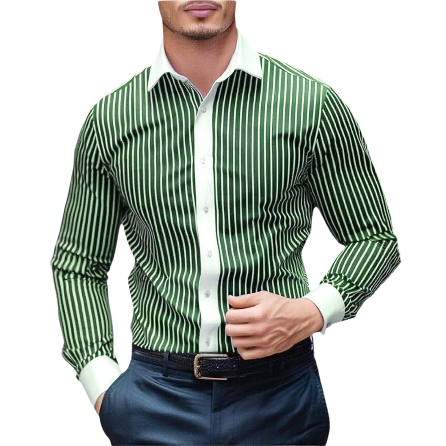Mens Green White Striped Dress Shirt Long Sleeve Button Down Contrast Collar Cuffs Slim Fit Formal Business