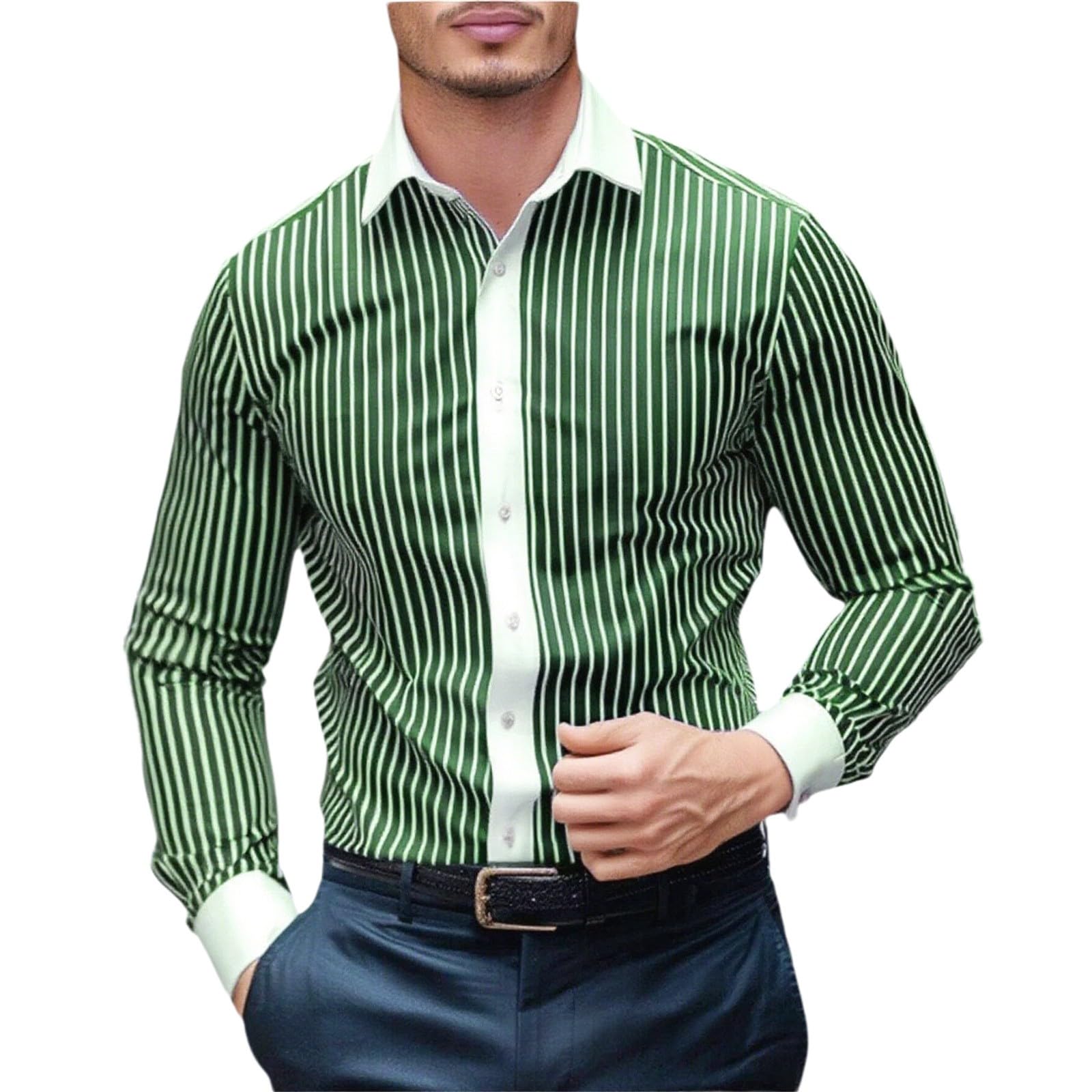 Mens Green White Striped Dress Shirt Long Sleeve Button Down Contrast Collar Cuffs Slim Fit Formal Business