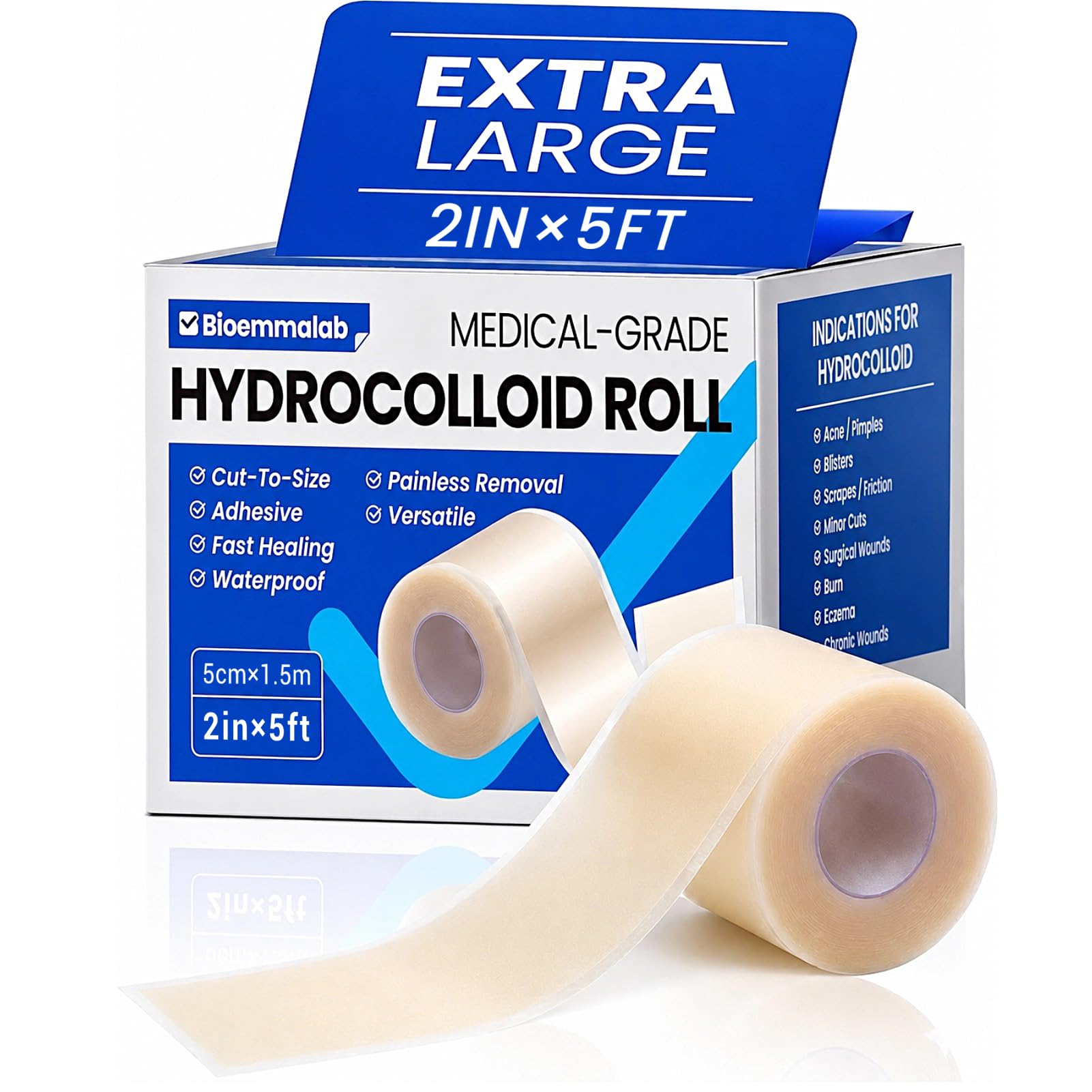Hydrocolloid Roll Adhesive Bandages Medical Grade Pimple Tape, 2in x 5ft