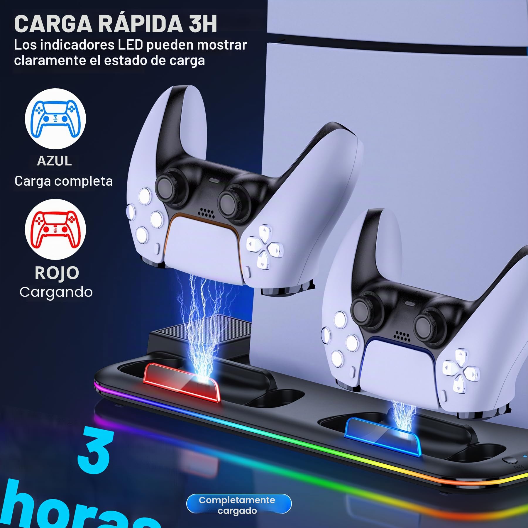 HELLCOOL Soporte para PS5/PS5 Slim,Soporte con Ventilador Refrigeración/Luces RGB/Mandos de Recarga Doble/Gancho para Auriculares/15 Ranuras de Juego, Base para PlayStation 5 Disco/Digital Edición