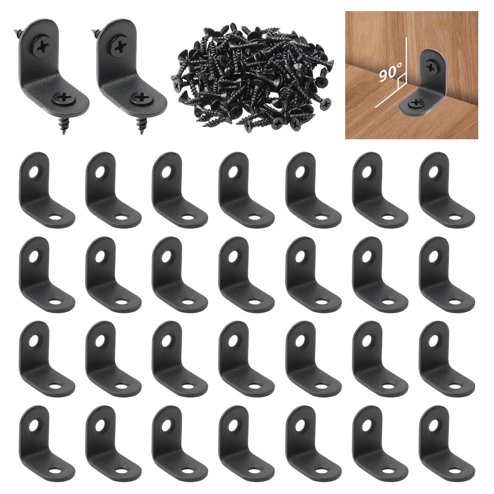 30 Pcs Small Angle Brackets, 25 × 25mm L Brackets, Right Angle 90 Degree Bracket, Stainless Steel Corner Brace with 60 Screws, Corner Bracket for Wood, Furniture, Shelves, Desk Shelf Fixation (Black)