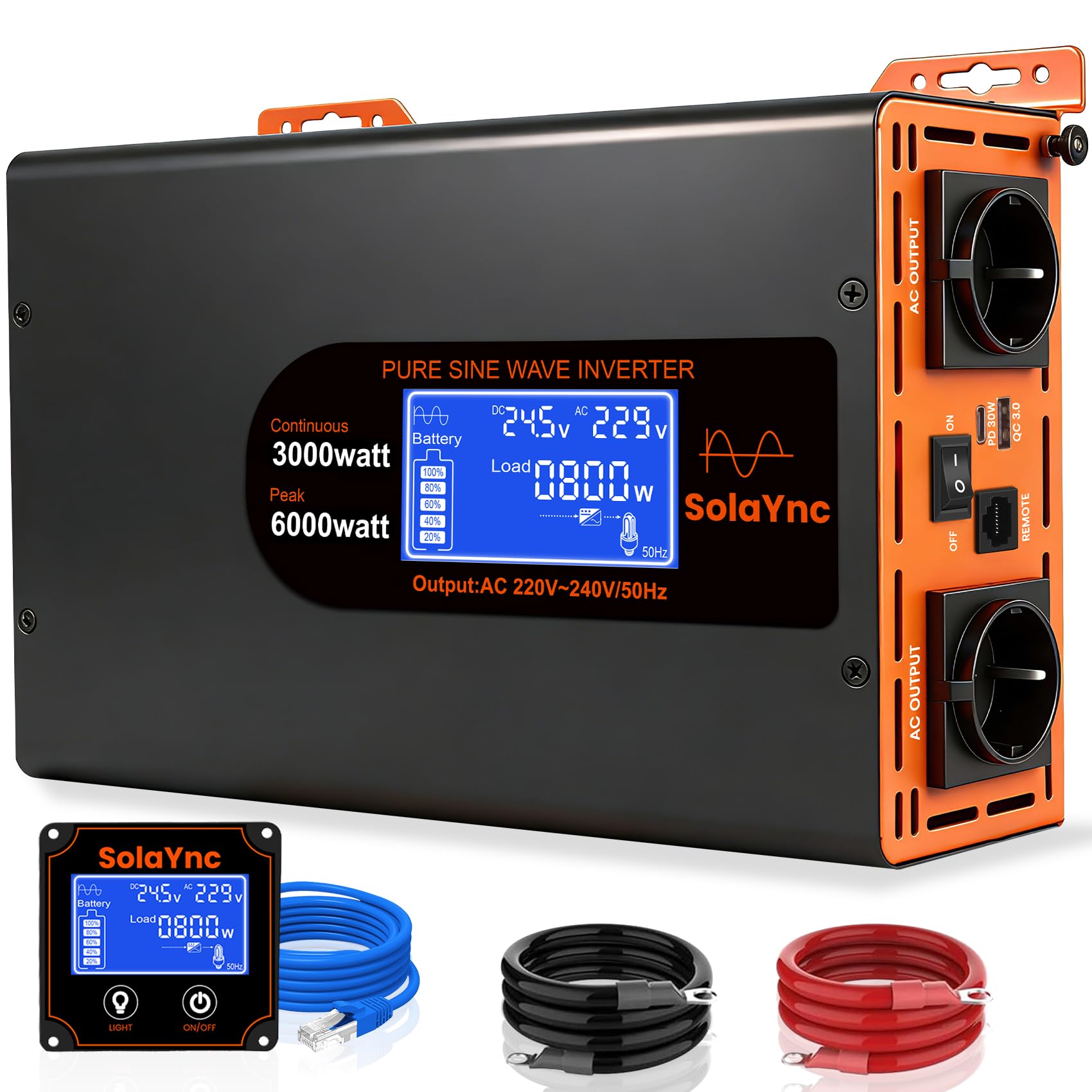 Convertisseur 24V 220V Pur Sinus 3000W 6000W Onduleur avec Écran LCD et Télécommande