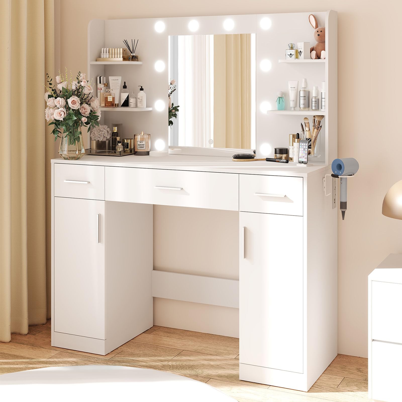 DUMOS Vanity Desk Makeup with Mirror LED Lights, White Table with Power Outlet 3 Drawer, 4 Storage Shelves & 2 Cabinets, 3 Lighting Modes & Adjustable