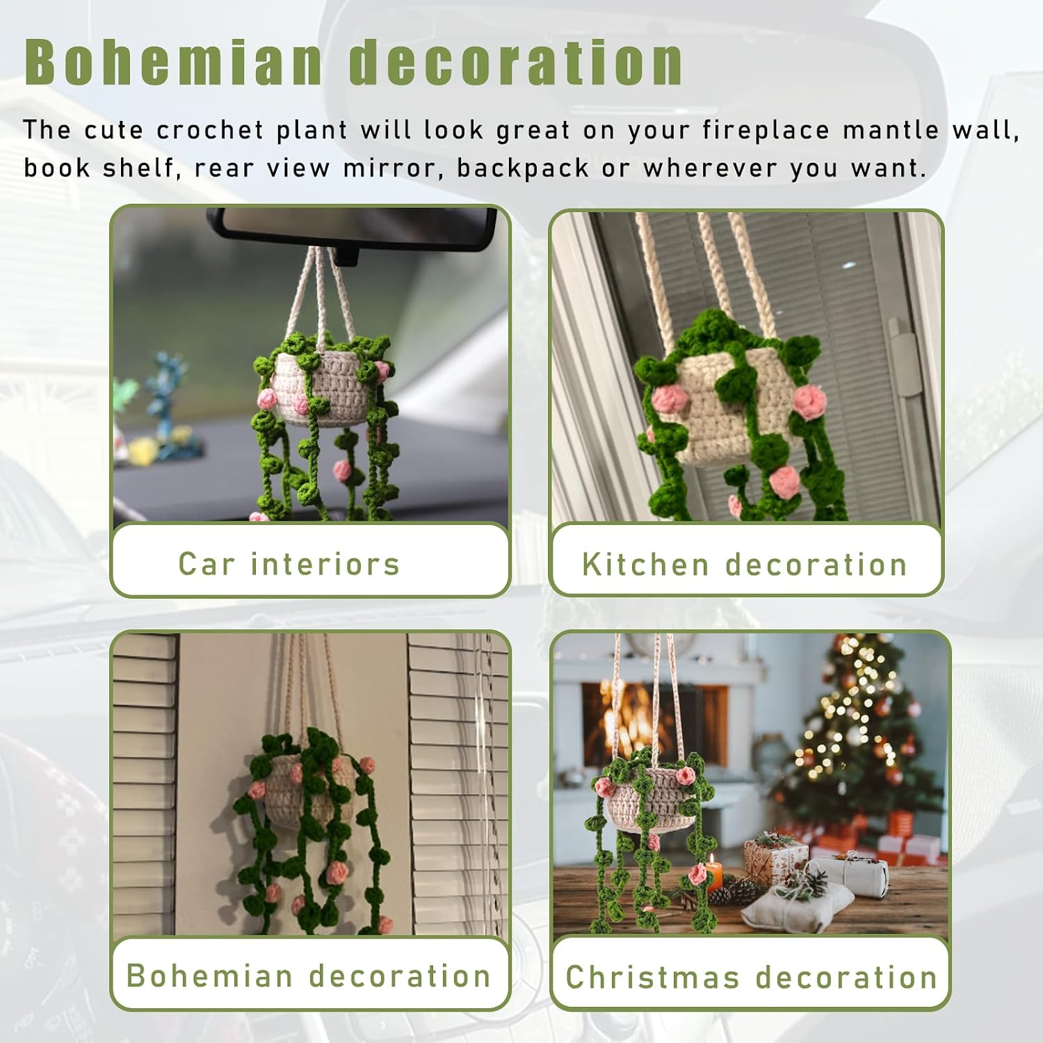 Kewucn Boho Car Plants Crochet Rear View Mirror Accessories, Cute Auto Pendant Crochet Plants Hanging Baskets, Green Vehicle Interior Aesthetic Decor Hanging Ornament for Women Men (Style 2)