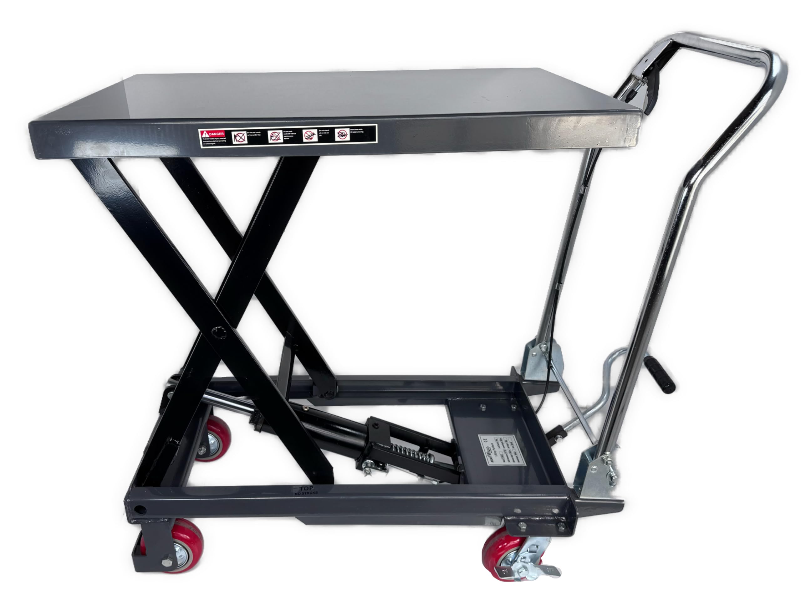 Elevador hidráulico de 300 kg (acero, ruedas robustas y silenciosas, mesa de 815 x 500 mm, altura de elevación 280 – 900 mm, freno, pedal de elevación, mango, 300 kg
