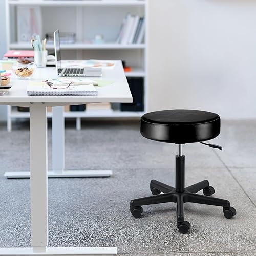 Miniatura 2 de JMU Taburete rodante con ruedas, taburete de asiento grande de cuero de PVC, capacidad de peso de 400 libras, altura ajustable resistente para