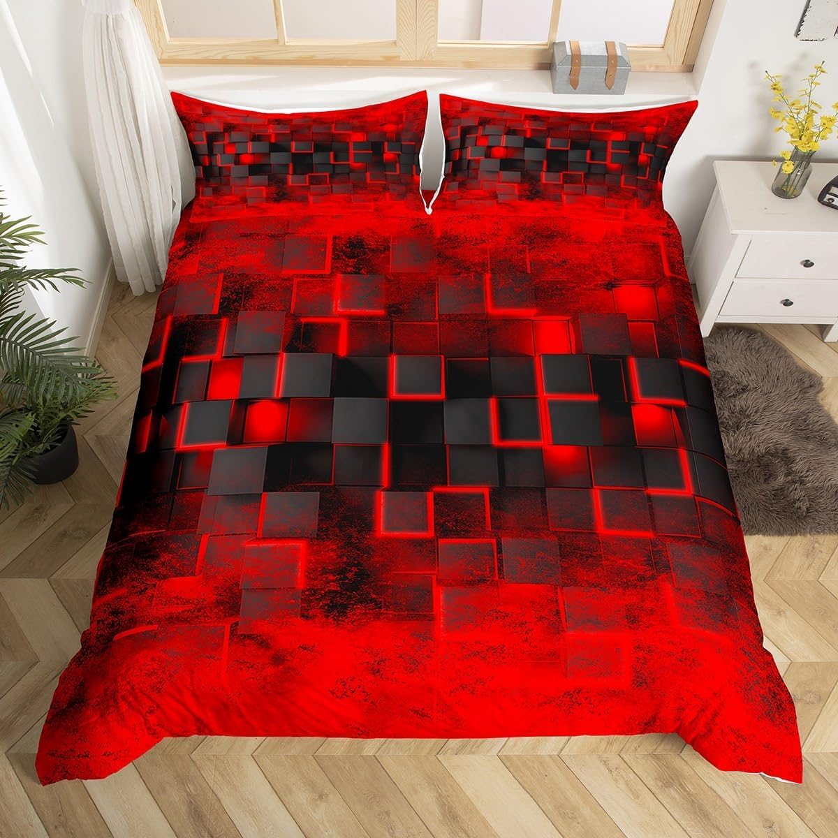 Homemissing Red and Black Bedding Set Single Size Kids Geometric Duvet Cover Set for Boys Teens Geometric Honeycomb Duvet Cover with 1 Pillowcase Modern Ombre Abstract Art Bedding Plaid Room Decor