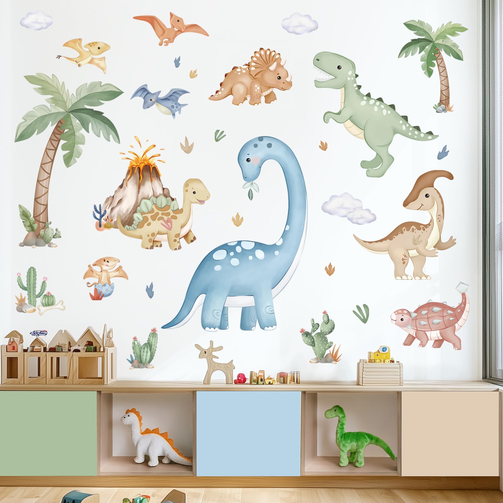 wondever Large Boho Dinosaur Wall Stickers Watercolor Dino Tropical Plants Volcano Peel and Stick Wall Art Decals for Baby Nursery Kids Bedroom Playroom - Image 2