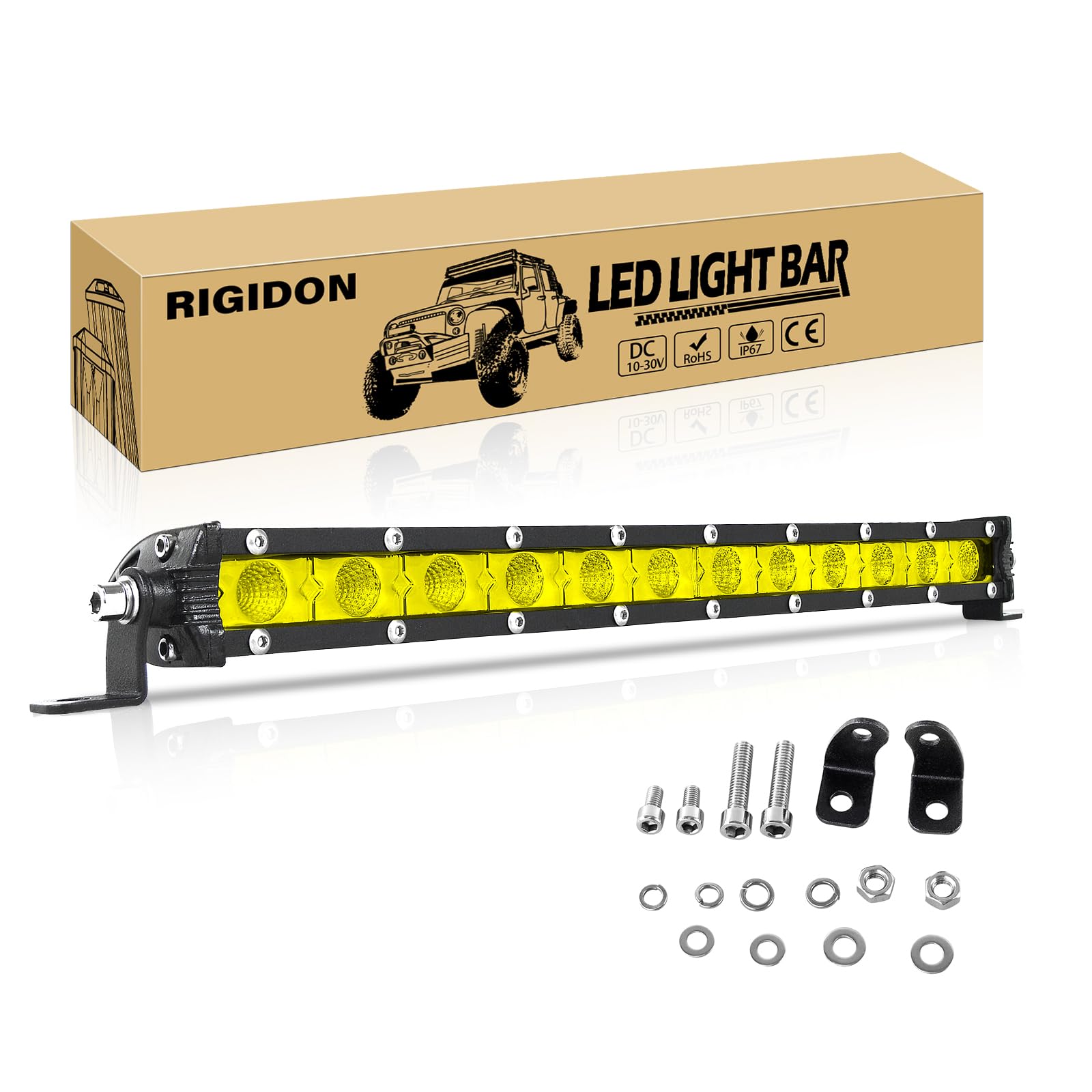RIGIDON 13Inch 60W Amber LED Light Bar, Slim Single Row Light Bar Floodlight Waterproof LED Work Light for Truck Boat Car ATV UTV SUV