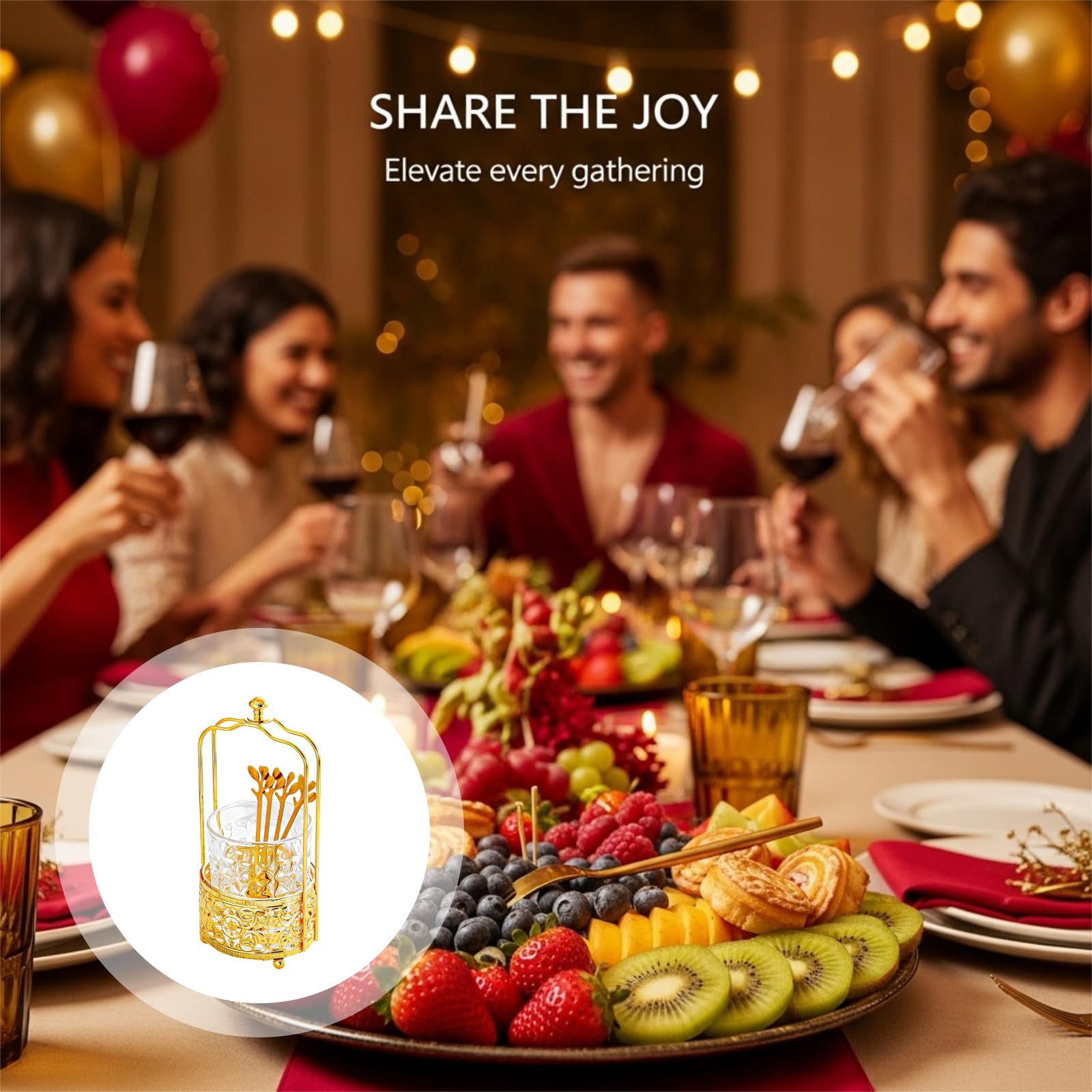 Pot à fourchettes avec 6 fourchettes à fruits dorées, support lune et étoile, fourchettes inox, manche en alliage, rangement décoratif, pour maison et fêtes
