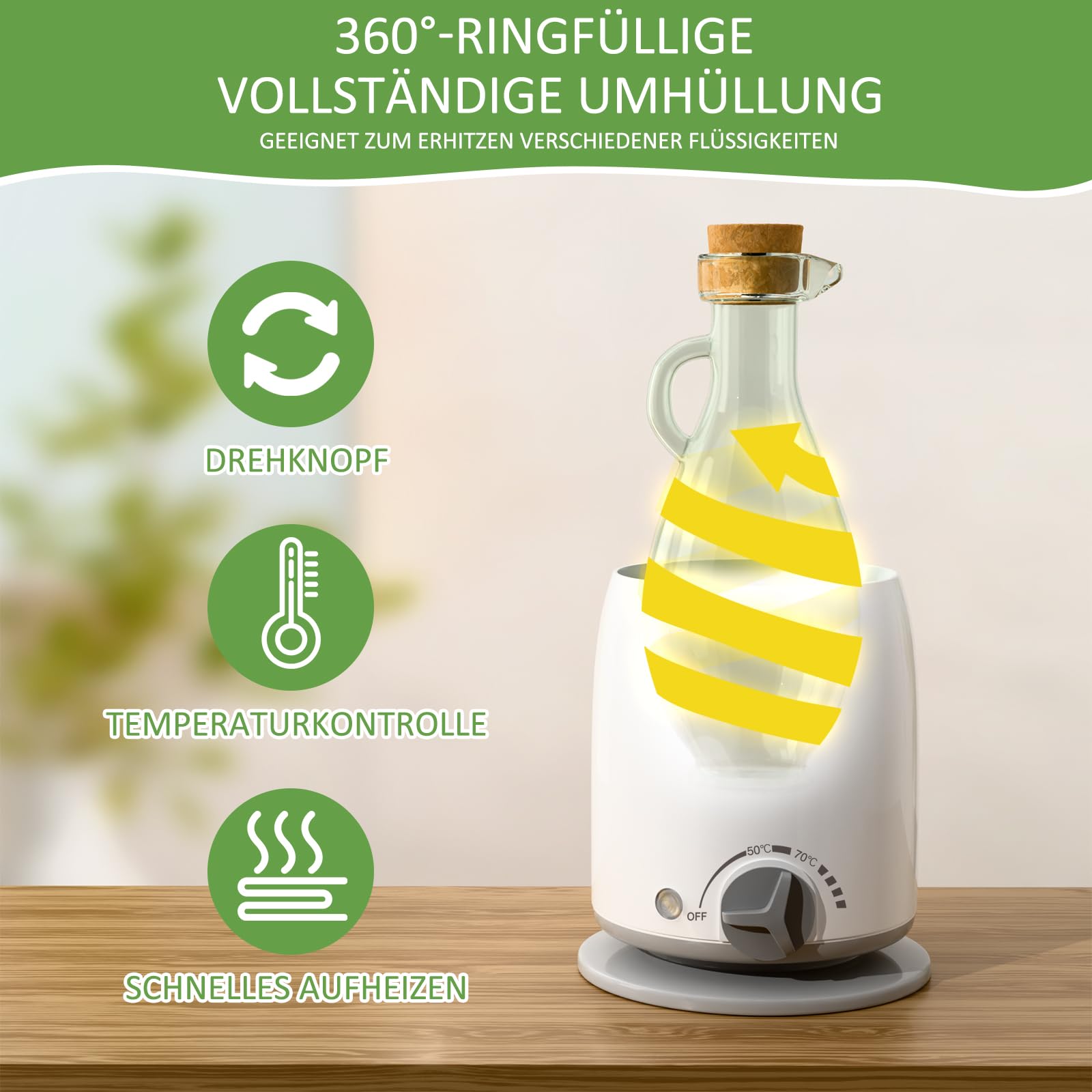 Massageöl - Massageölwärmer - Wärmer mit Glaskaraffe - 5 Minuten schnelles Erhitzen - Entspannung durch angenehm warmes Massage