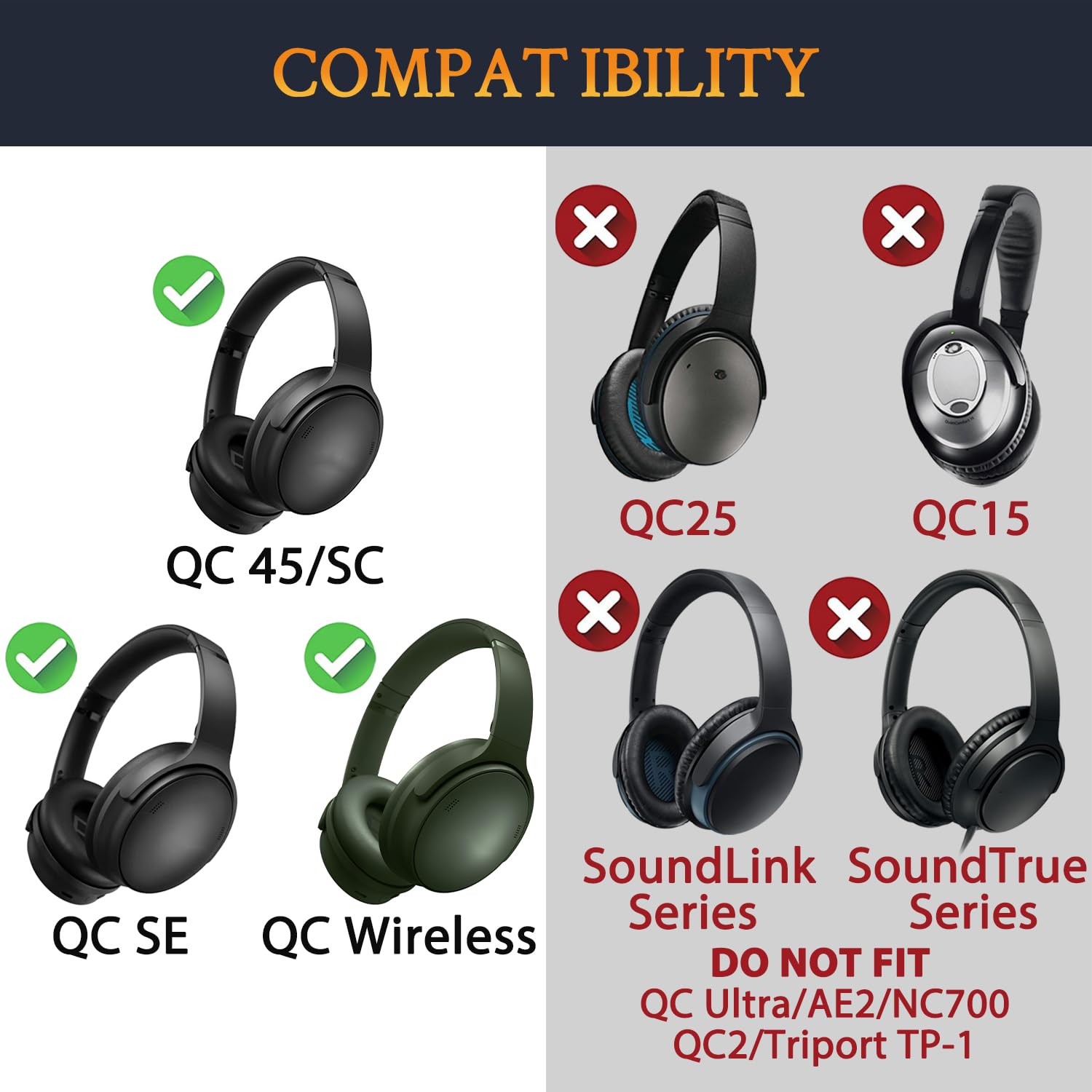 SOULWIT Mousse Coussin + Bandeau + Silicone Coussinet Couverture Protecteur, Kit de Remplacement pour Bose QuietComfort 45 (QC45) / QuietComfort SE (QC SE) / New Quiet Comfort Circum-aural Casque