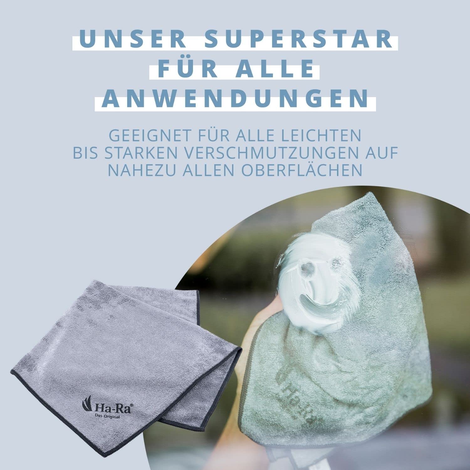 Ha-Ra Fenster-Putz-Set ein Team I Fensterwischer 32cm I Konzentrierte Vollpflege 500ml I Microfaser Star Tuch anthrazit 38x38cm I Fenster Reinigungsset