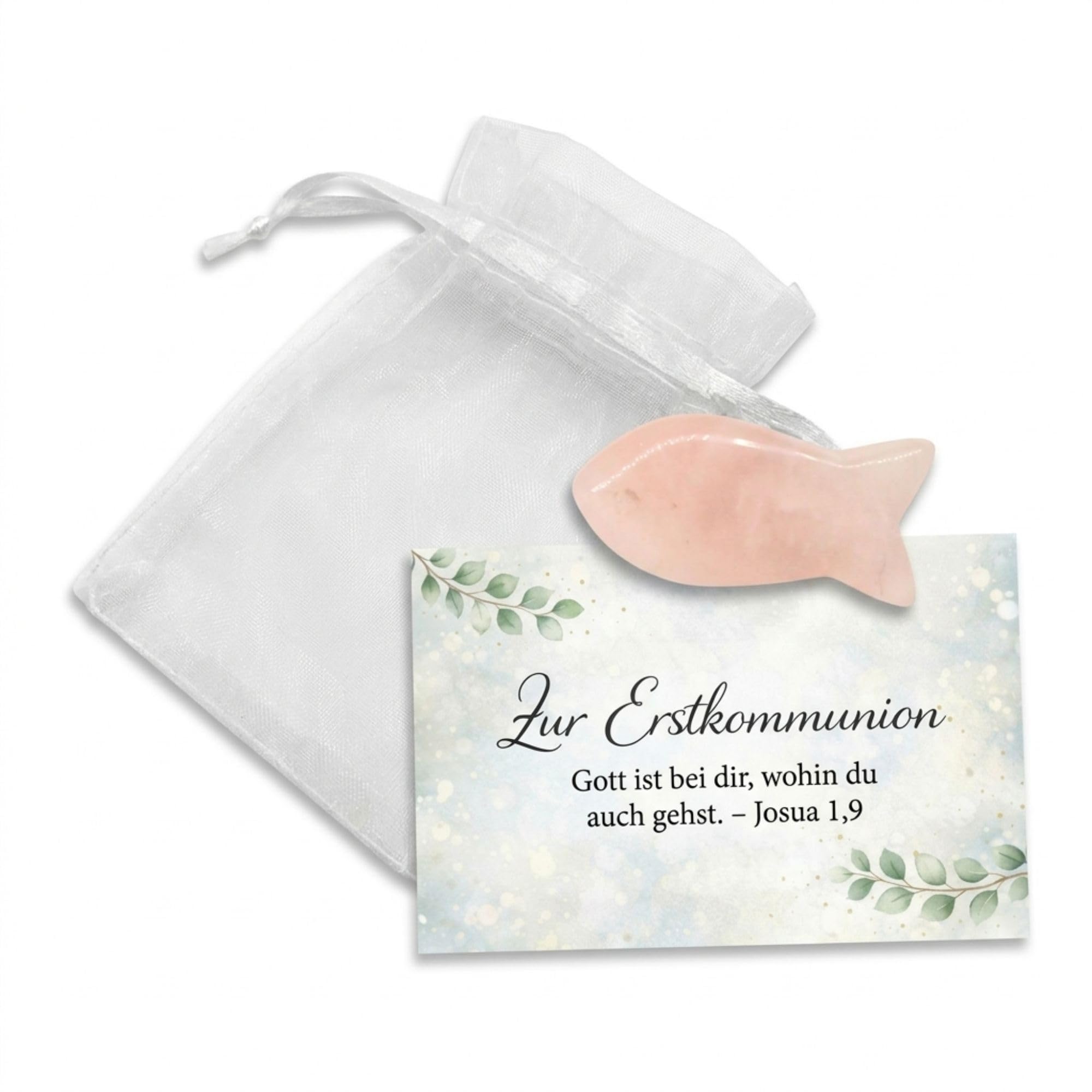MilaBoo Geschenk zur Erstkommunion – Rosenquarz Fisch im Organzasäckchen mit Karte – christliches Geschenk Kommunion Mädchen Junge – Erinnerungsgeschenk Kommunio (Kommunion)