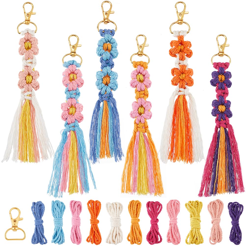 SUNNYCLUE 6 Sets Keychain Making Kits Flower Macrame Keychain Kits with Tassel Woven Keychain Kit Instruction Included Boho Macrame Kits for Beginners Adults Handbags DIY Hanging Ornament Decoration