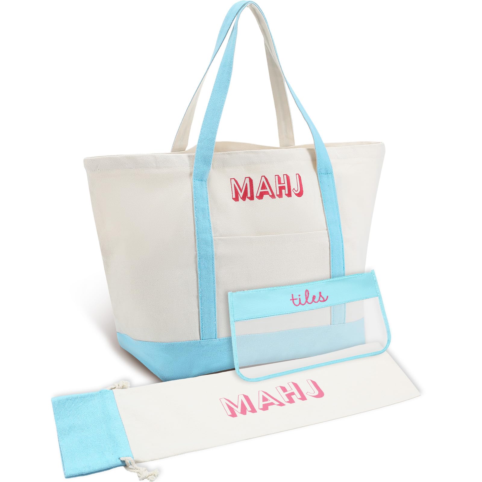 Photo 1 of Sunnymove 3 Pcs Empty Mahjong Canvas Bag Gift Embroidered American Mahjong Set Incl Tiles Bag and Racks & Pushers Drawstring Bags(Blue,Regular)