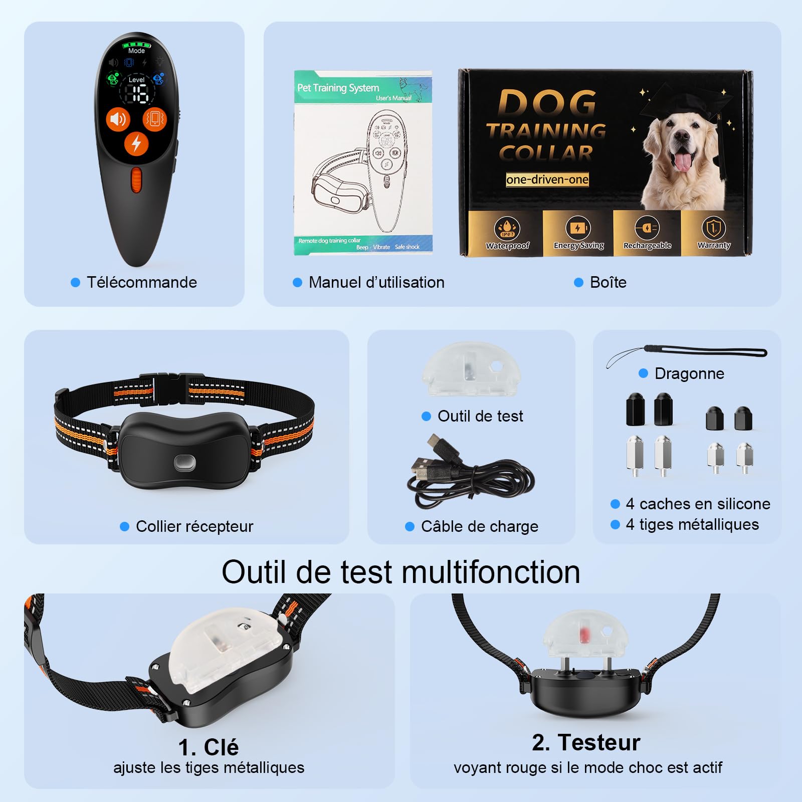 Collier Dressage 3 Modes Choc 1000m IP67 LED Rechargeable | Collier Dressage Chien Télécommande 3 modes (bip/vibration/choc), 1000m, IP67 récepteur, batterie 2h/15-60j, cou 67.5cm, LED