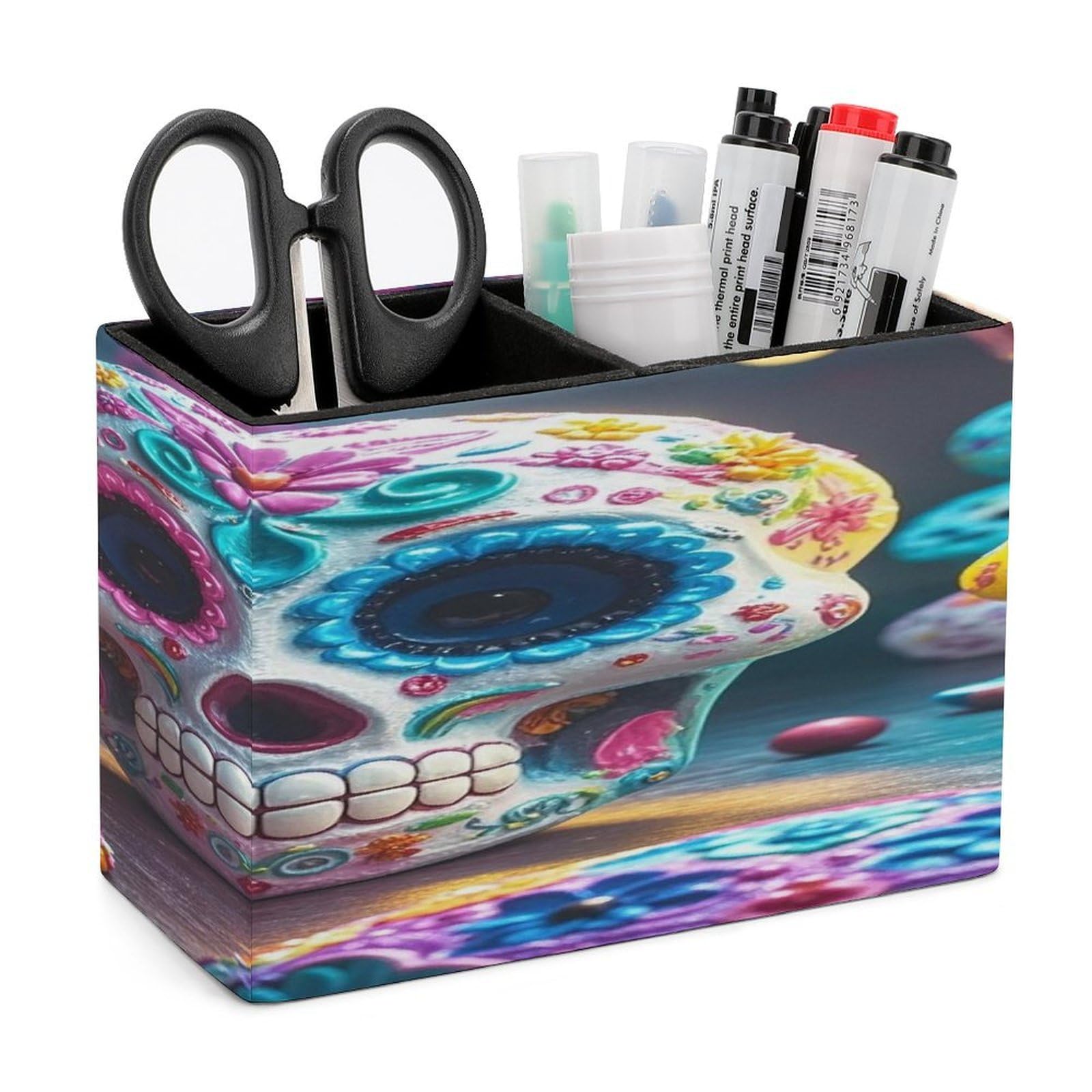 LZQPOEAS Sugar Skulls Leather Pen Holder with 2 Compartments Luxury Pencil Holder Minimalist Pencil Cup Brush Scissor Holders Elegant Pen Cup for Office Home Desk Accessories