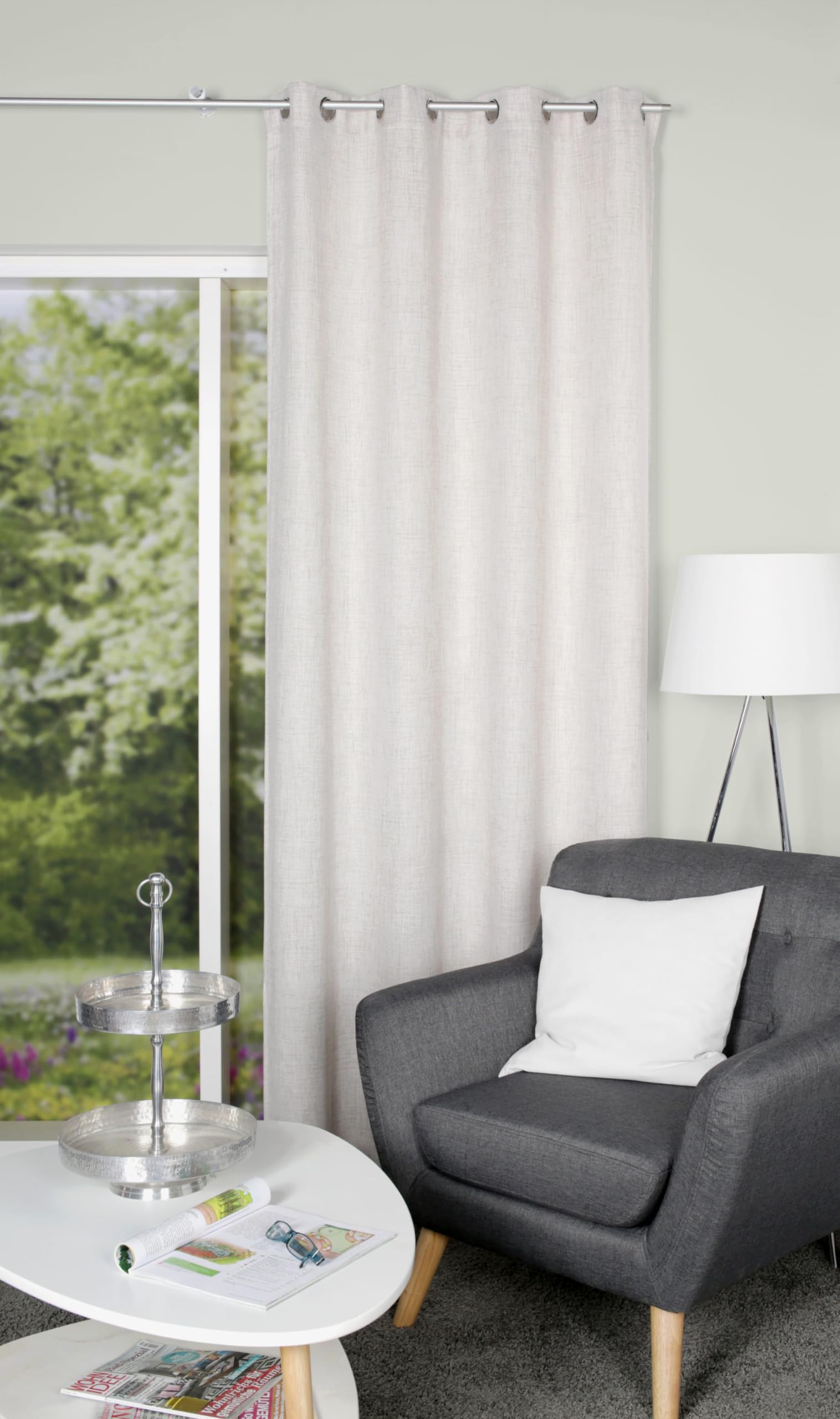 HOME WOHNIDEEN Linora ready-to-use curtain with eyelets in linen structure, 245 x 140 cm, opaque, colour: grey, size: 245 x 140 cm, quantity: 1x