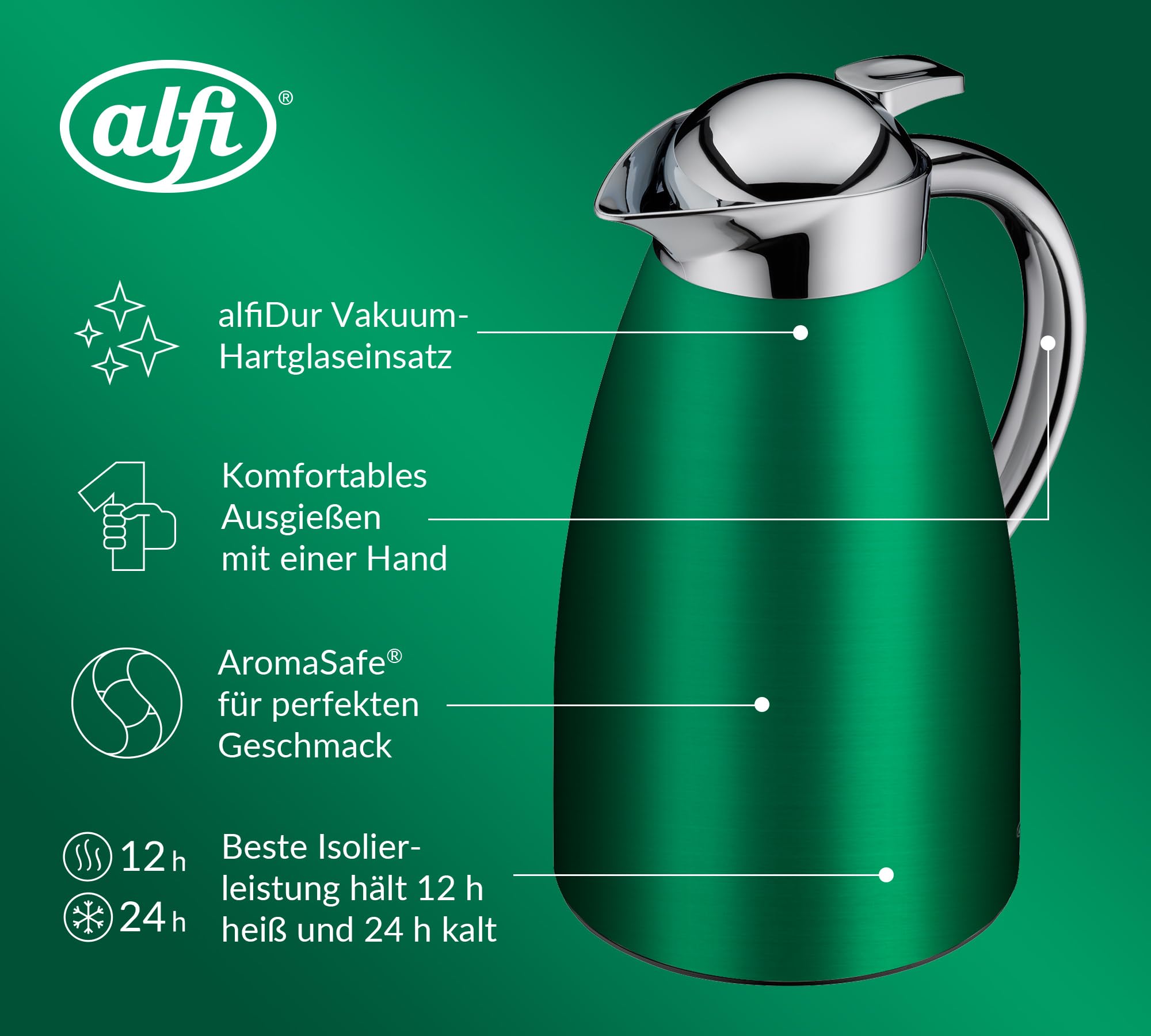 alfi SIGNO Isolierkanne 1,00 l, 12 h heiß, Edelstahlkörper, satin green