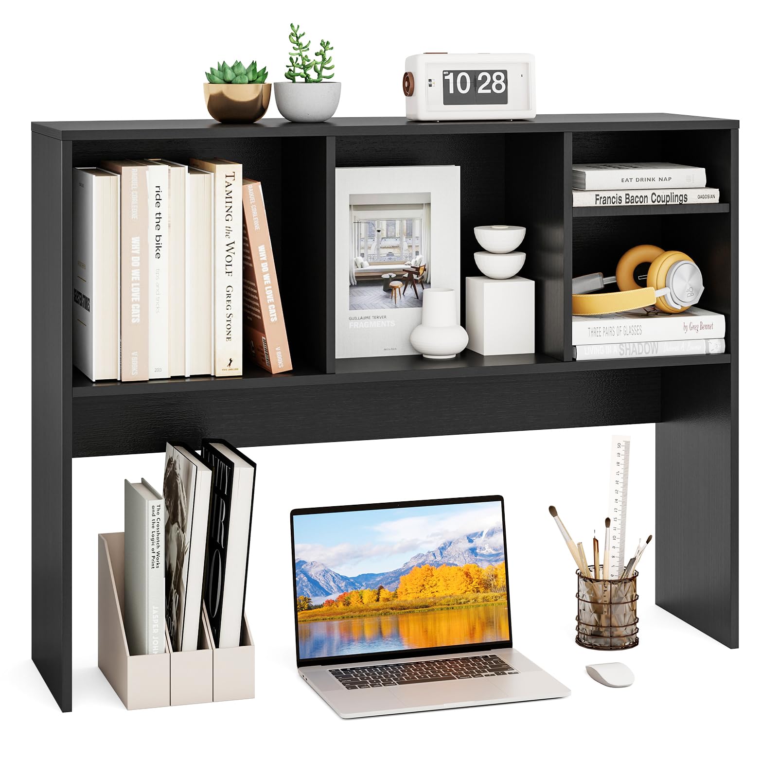 GIANTEX Scaffale da scrivania con 4 scomparti aperti, scaffale da tavolo con dispositivo di protezione ribaltabile e cuscinetti antiscivolo, in legno, 94 x 25 x 73 cm (nero)