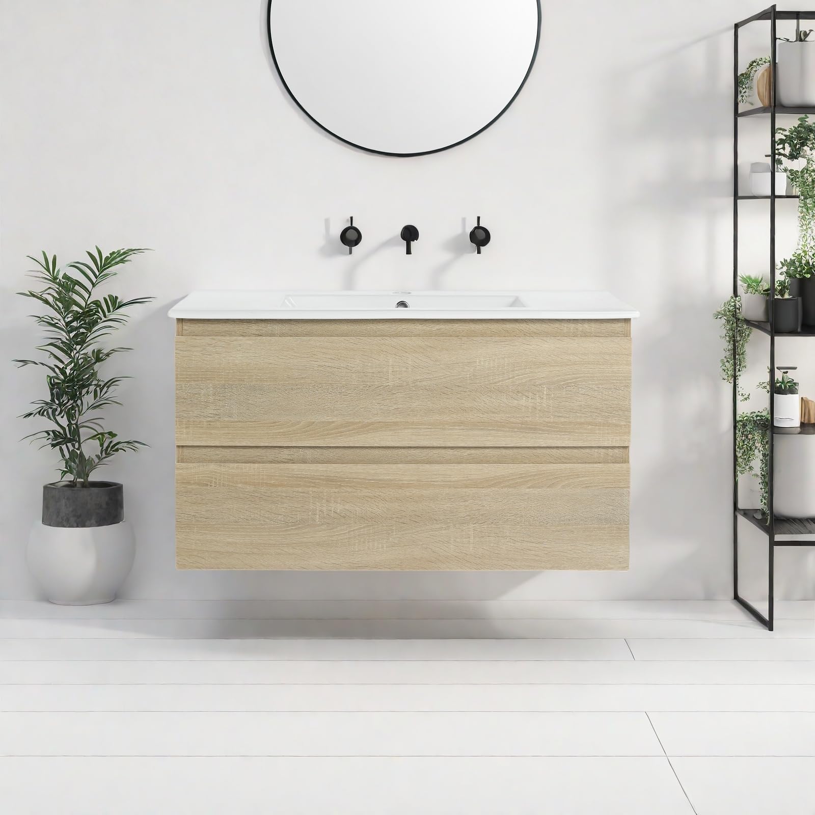 Floating Bathroom Vanity with Sink, 36" Wall-Mounted Vanity with White Ceramic Basin &amp; Woodgrain Finish, Space Saving Small Bathroom Storage Cabinet with 2 Soft-Close Drawers, Light Oak