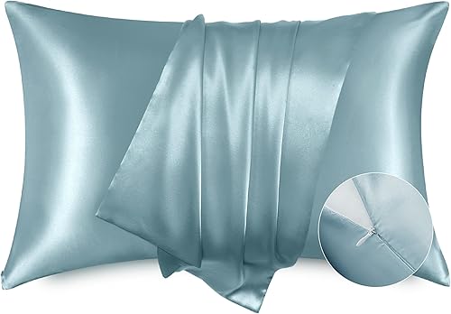 Bedsure Funda de almohada de satén para el cabello, fundas de almohada de satén gris y azul, tamaño estándar con cremallera 2, similar a las fundas