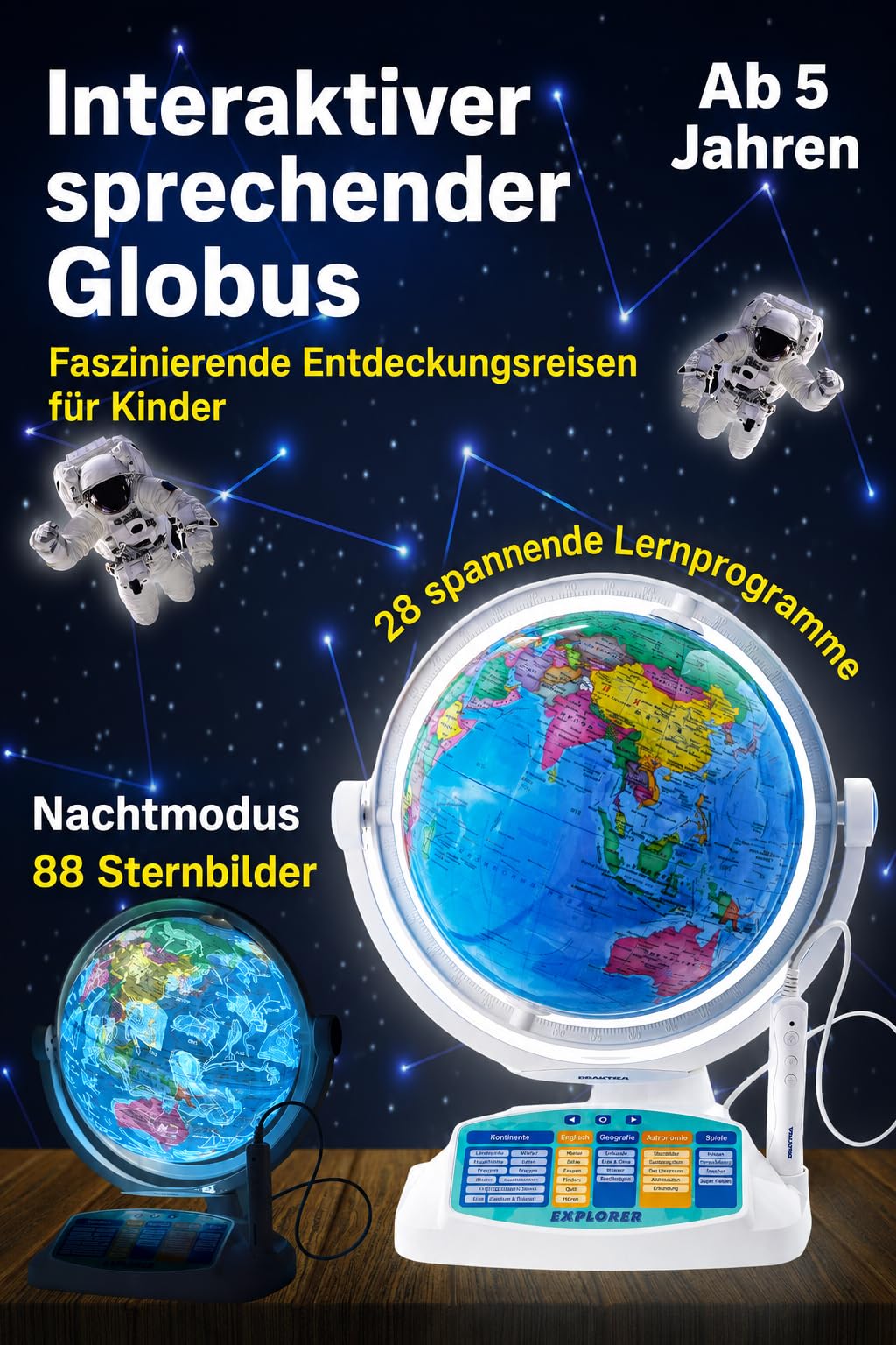 Interaktiver Globus für Kinder 23 cm mit Smart Stift, LED Licht & Augmented Reality – Lernspielzeug Deutsch mit 10.000+ Fakten über Länder, Tiere & Weltall – Geschenk ab 5 Jahren