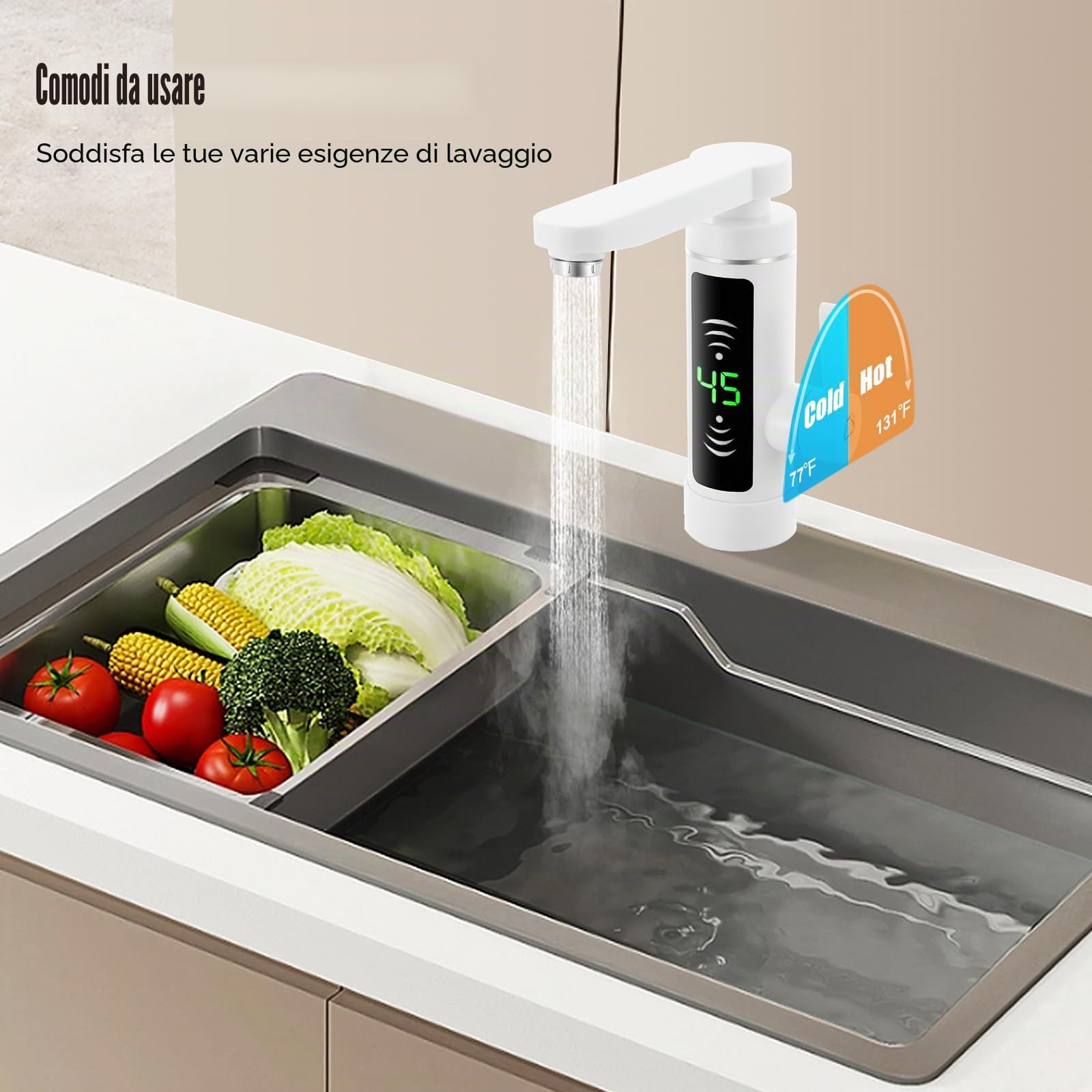 MINRS Rubinetto con scaldabagno istantaneo Rubinetto elettrico con indicatore di temperatura a LED, 3 secondi, riscaldamento rapido elettrico per casa, hotel, ristorante e altri luoghi