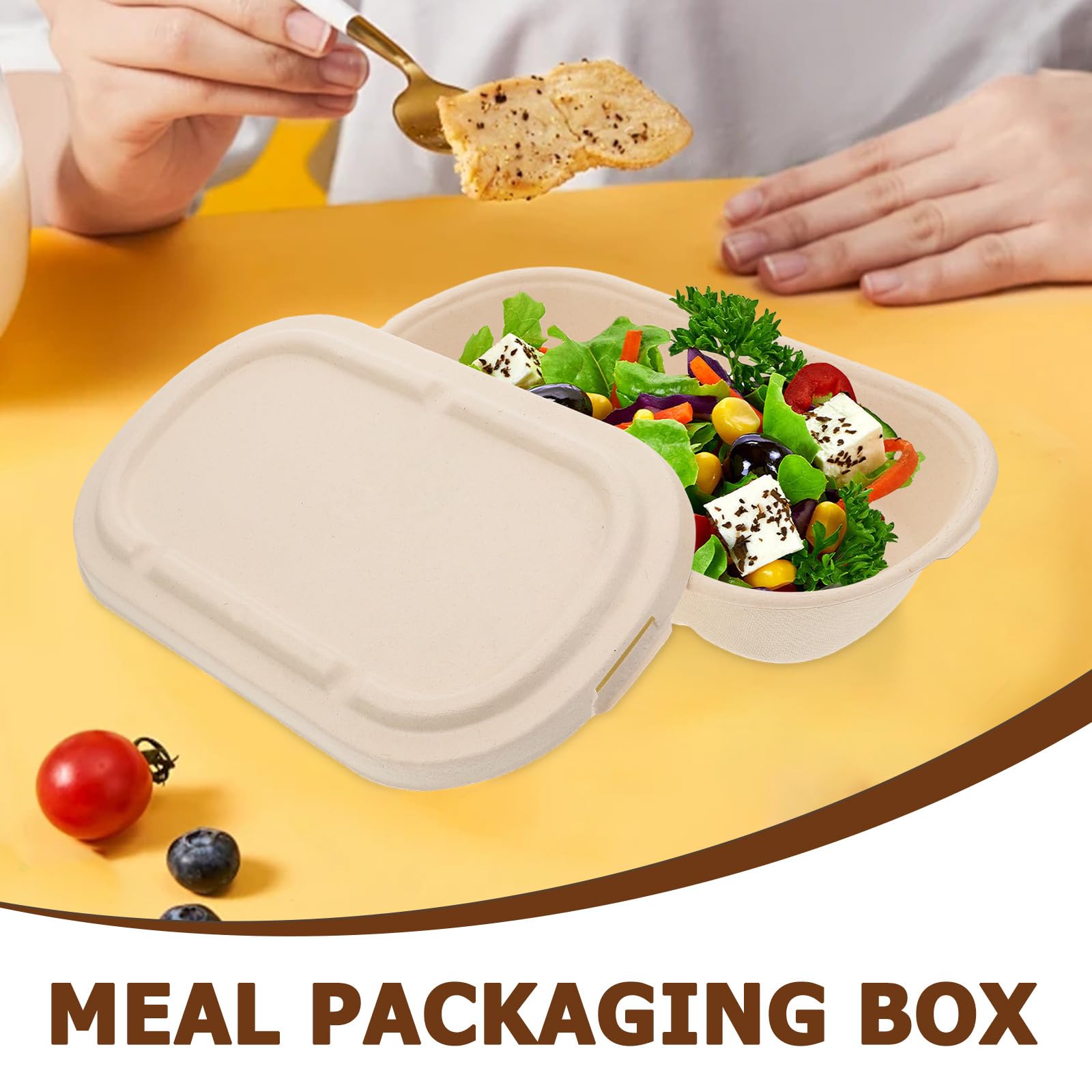 HOMSFOU Cajas de Comida Desechables de Pulpa 850 Ml Tapa, 25 Unidades para Preparar Comidas y Llevar, Recipientes Biodegradables para Ensaladas y Alimentos para Llevar