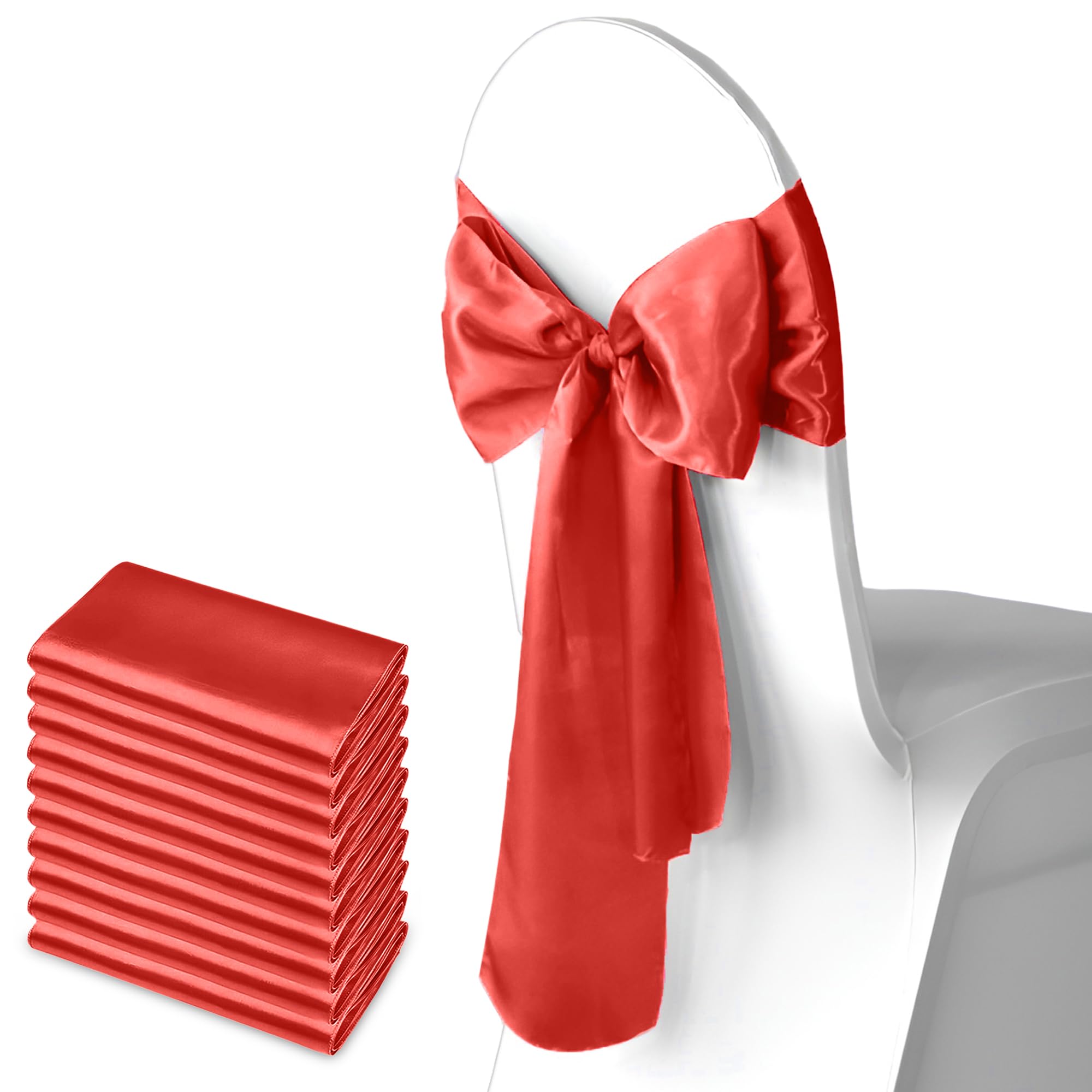 Trimming Shop Red Satin Chair Sash Wider Fuller Bows Chair Sashes Hammed Edges Bow Back Tie for Wedding Birthday Party Banquet Event Decoration, 10pcs