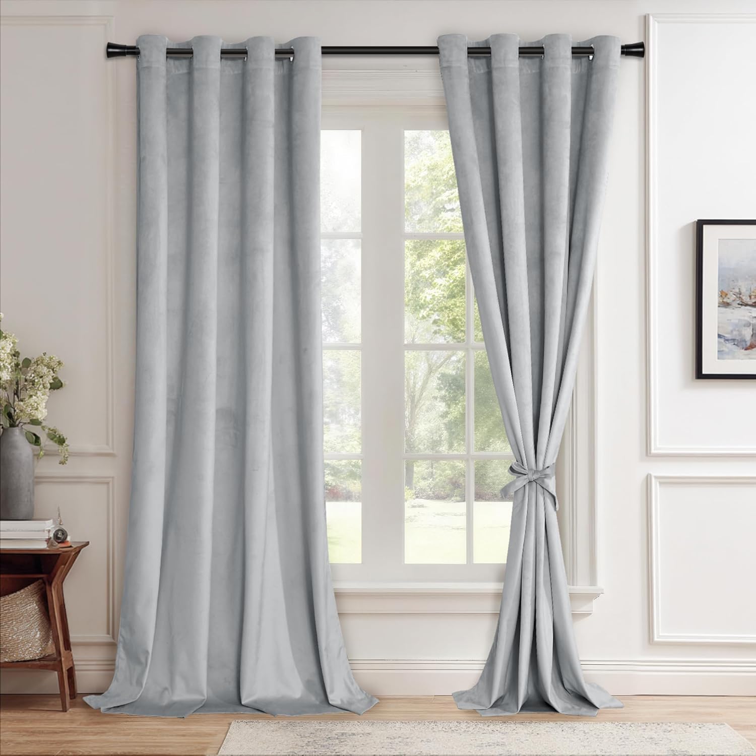 JIUZHEN Velvet Curtains for Living Room - Thermal Insualted Room Darkening Grommet Soft Retro Window Drapes for Bedroom, Set of 2 Window Curtain Panels with Tiebacks, 52 x 96 inches，Silver Grey
