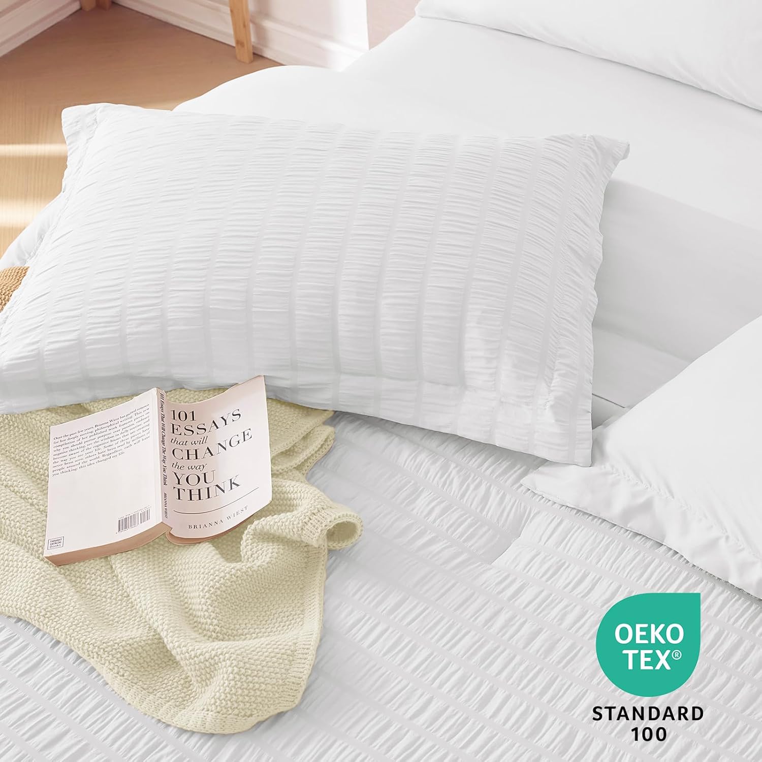 MUXHOMO 7 Pieces Full Comforter Set, Seersucker Bed in a Bag Full Size, All Season Luxury Bedding Set with Comforter, Flat Sheet, Fitted Sheet, Pillowcases & Shams, White - Image 8