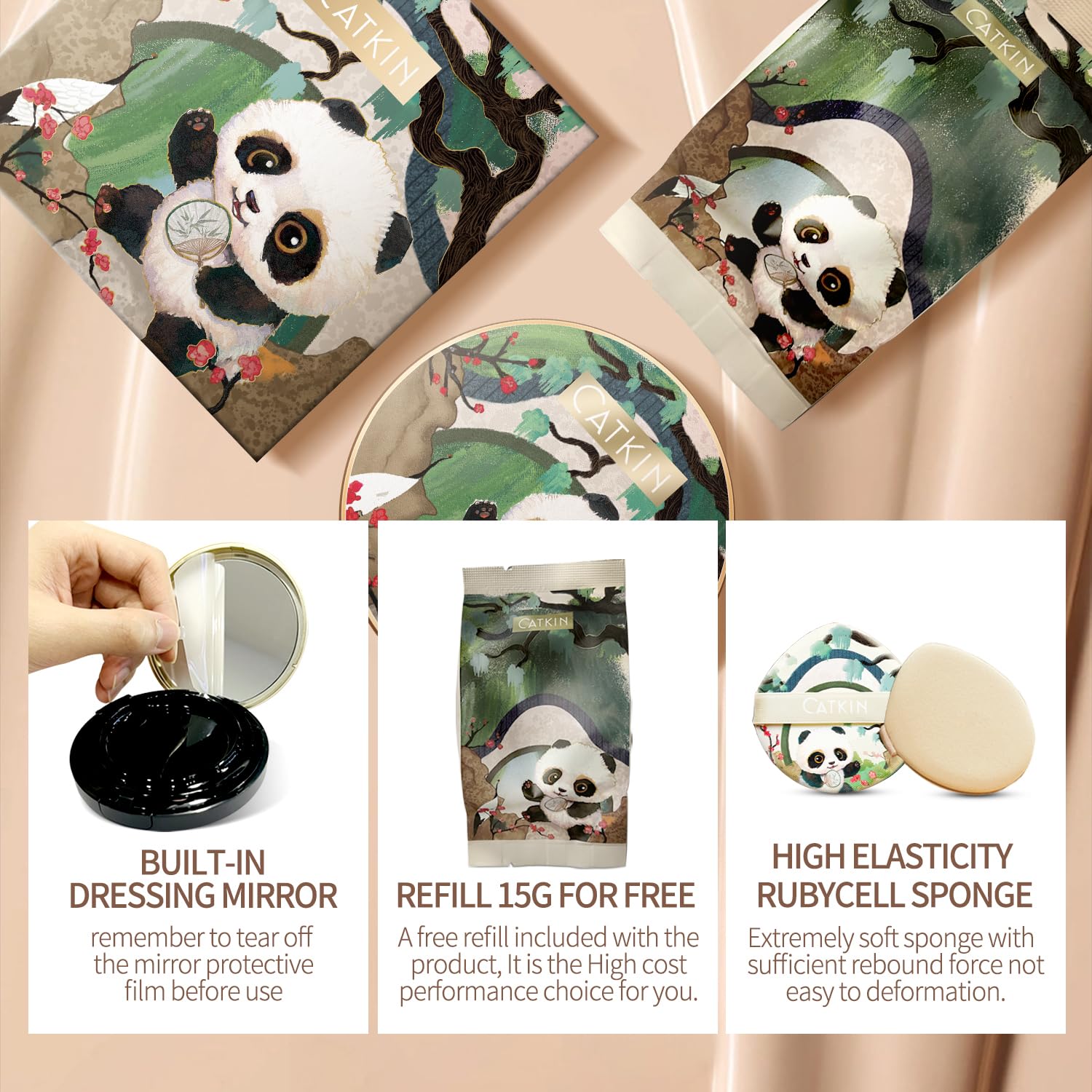 CATKIN Panda Land Cushion Foundation, Fond de Teint BB Creme, Anticernes, Anti-Terne et Anti-Rougeurs, Hydratation 24H, Sheer Finish, pour les Peaux Sensibles, avec Recharge, 15g*2