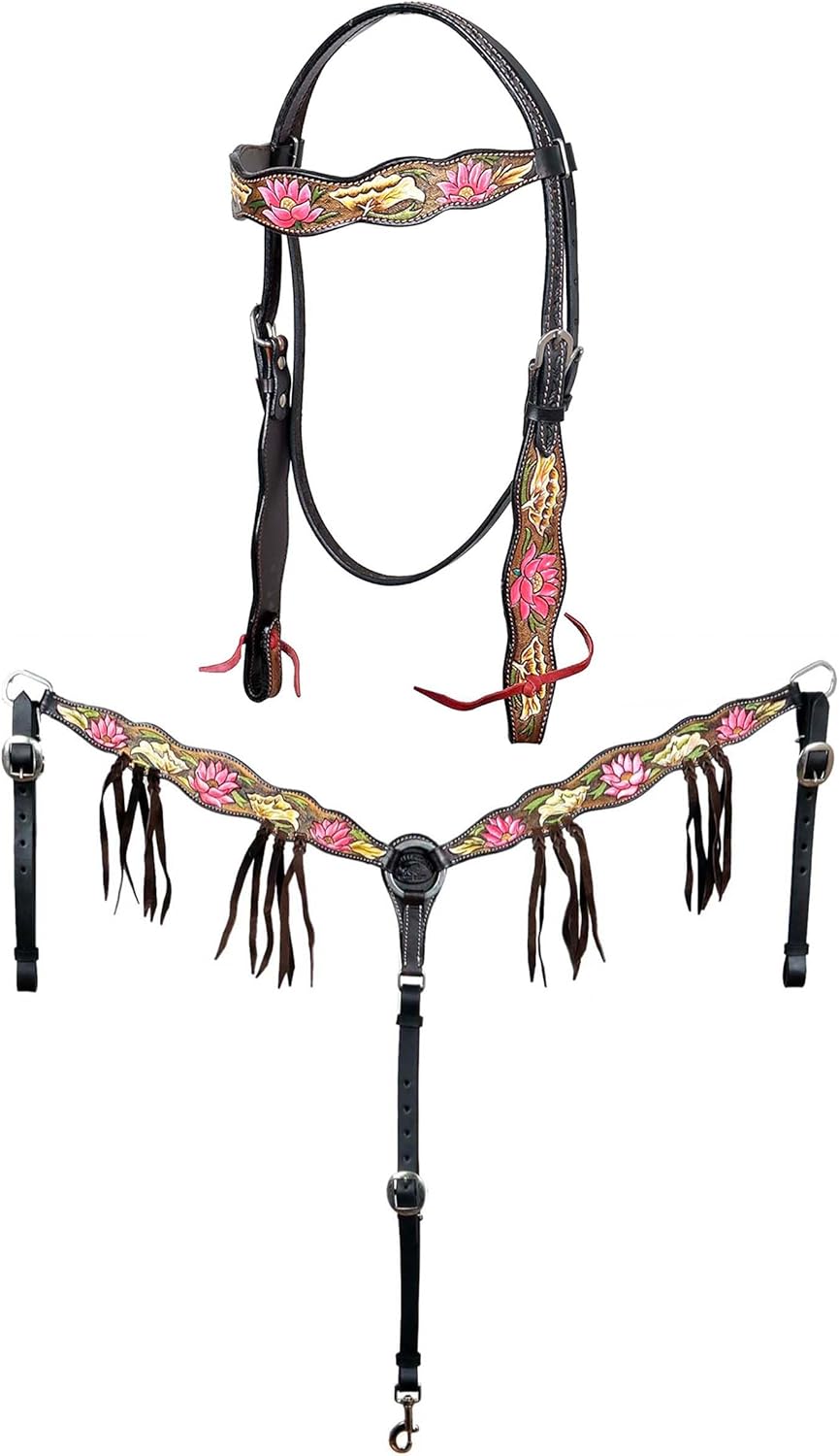 CHALLENGER Horse Horse Western Pink Lotus Hand-Painted Leather Bridle & Breast Collar Tack Set 78HR102B