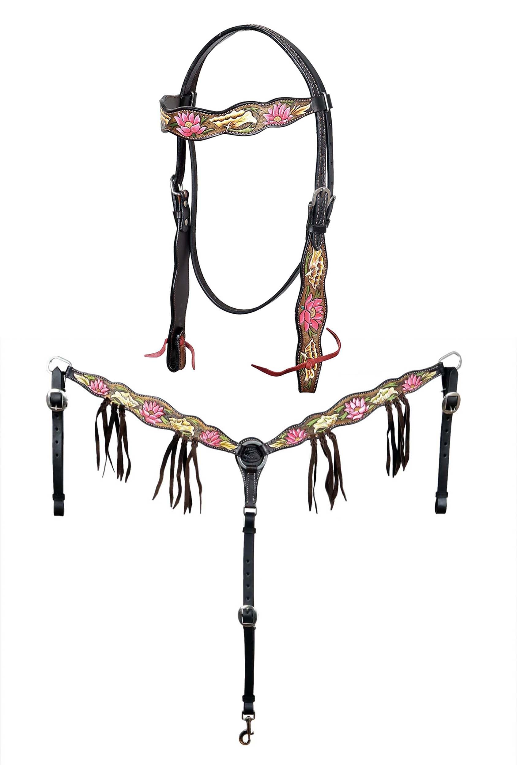 CHALLENGER Horse Horse Western Pink Lotus Hand-Painted Leather Bridle & Breast Collar Tack Set 78HR102B