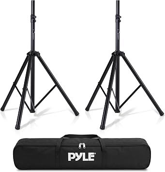 Pyle Universal Dual PA DJ Tripod 2 Speaker Stand Kit with Adjustable Height & Storage Bag Constructed with Heavy Duty Durable Steel & Lightweight for Easy Mobility Safety PIN Screw Locks PSTK107,Black