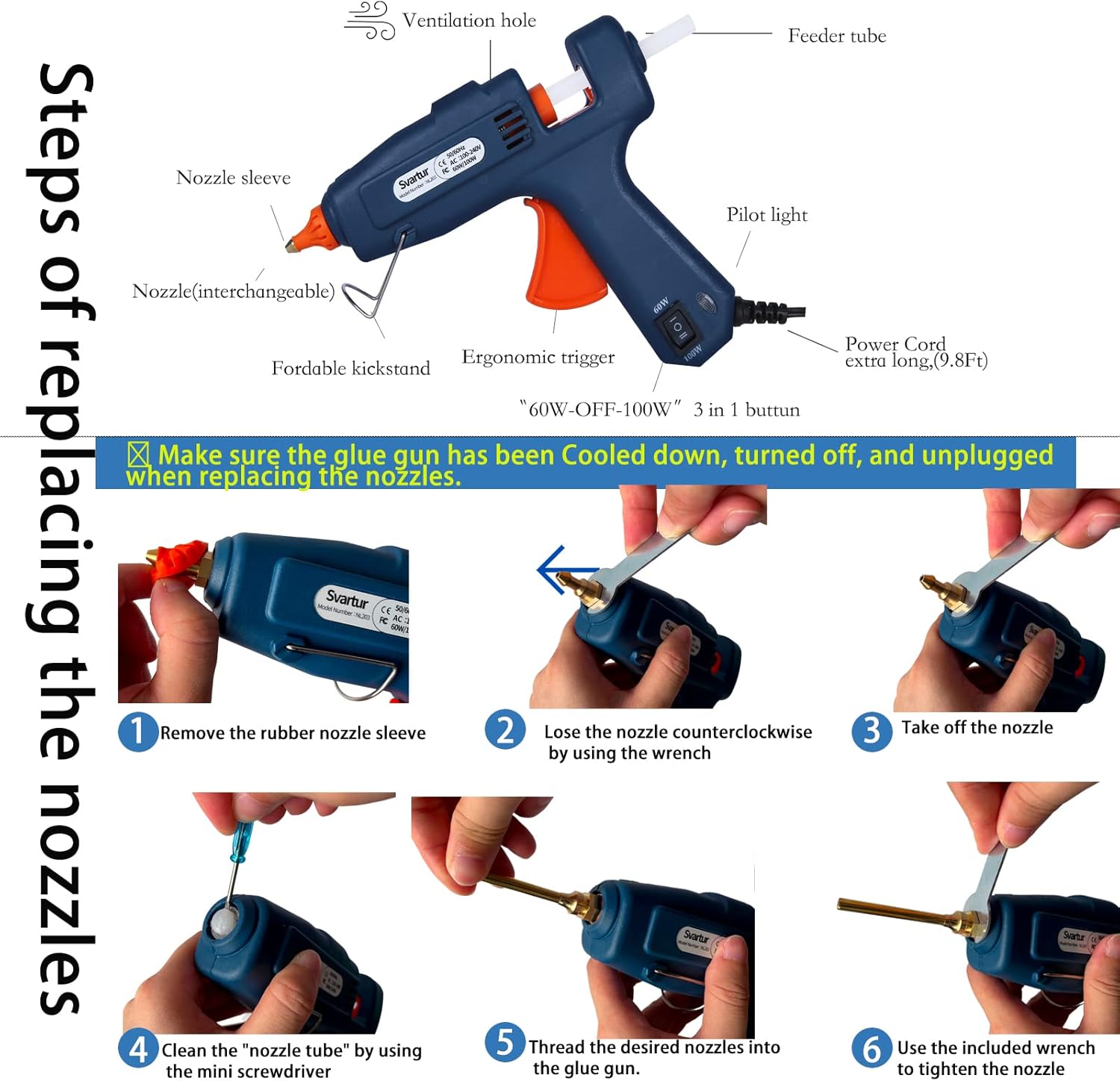 Full Size Hot Glue Gun with Case, 60W/100W/OFF Switch, 9.8ft Extra-long Power Cord Industrial Glue Gun with 2 Nozzles, 15 Glue Sticks, Dual Power High Temp Hot Melt Glue Gun Large for Craft, Deep Blue