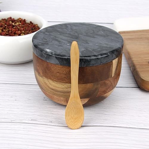 Miniatura 8 de HESHIBI Caja de madera para salar con tapa y cuchara de mármol, moderna piedra negra con sal o pimienta, condimentos para especias y azúcar,