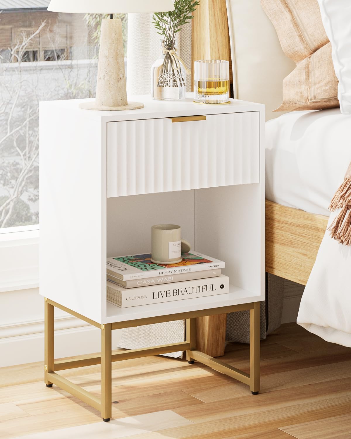 HEYZOEY Bedside Table Fluted Bedside Cabinet White Bed Side Table for Bedroom Modern Boho Farmhouse Wood bedside Drawer for Bedroom,Living Room, Fluted Style White-image-0