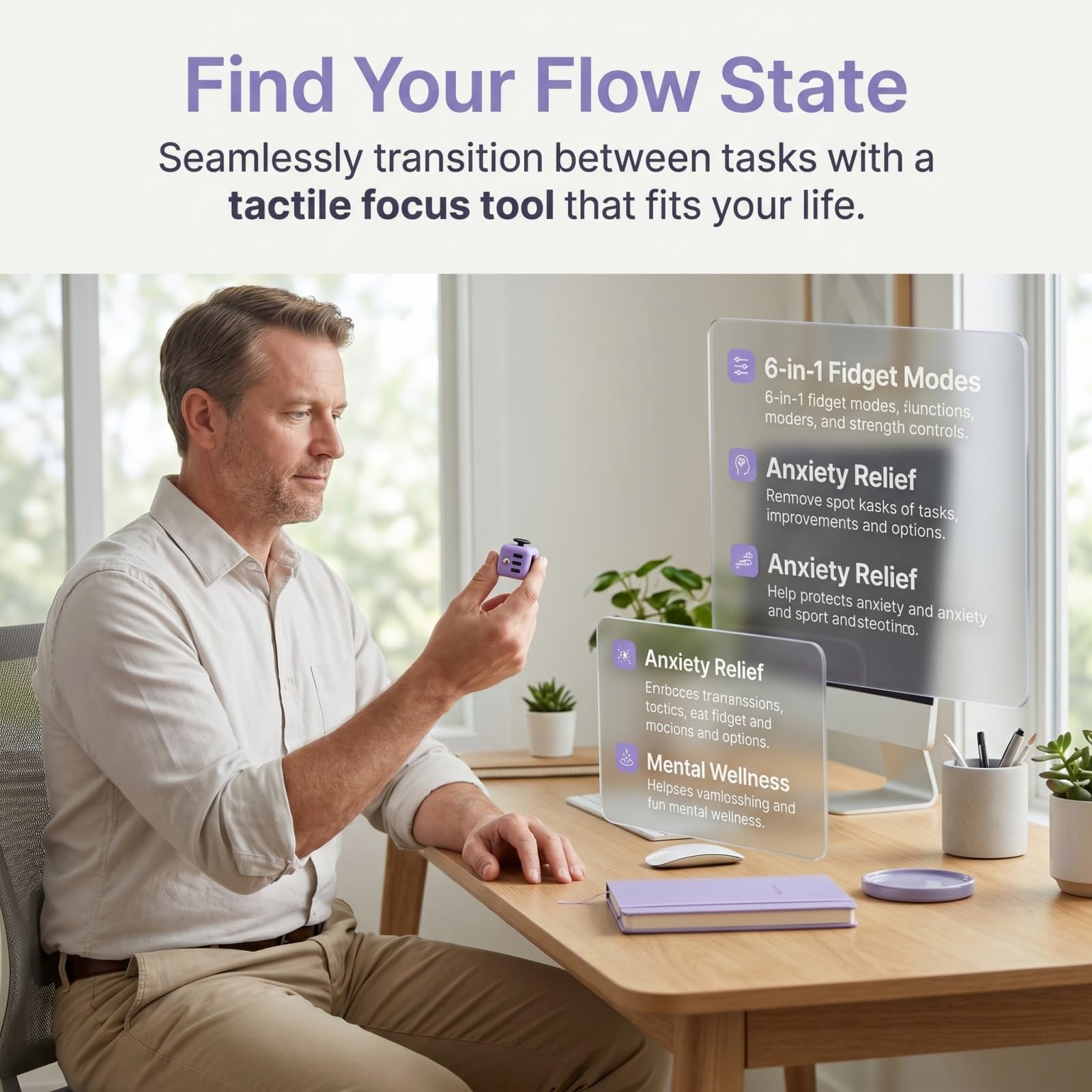 Fidget Cube Sensoriel Jouet - 6 Côtés Soulagement du Stress Finger Cube - Portable Violet Jouet de Bureau pour Bureau Salle de Classe et Maison
