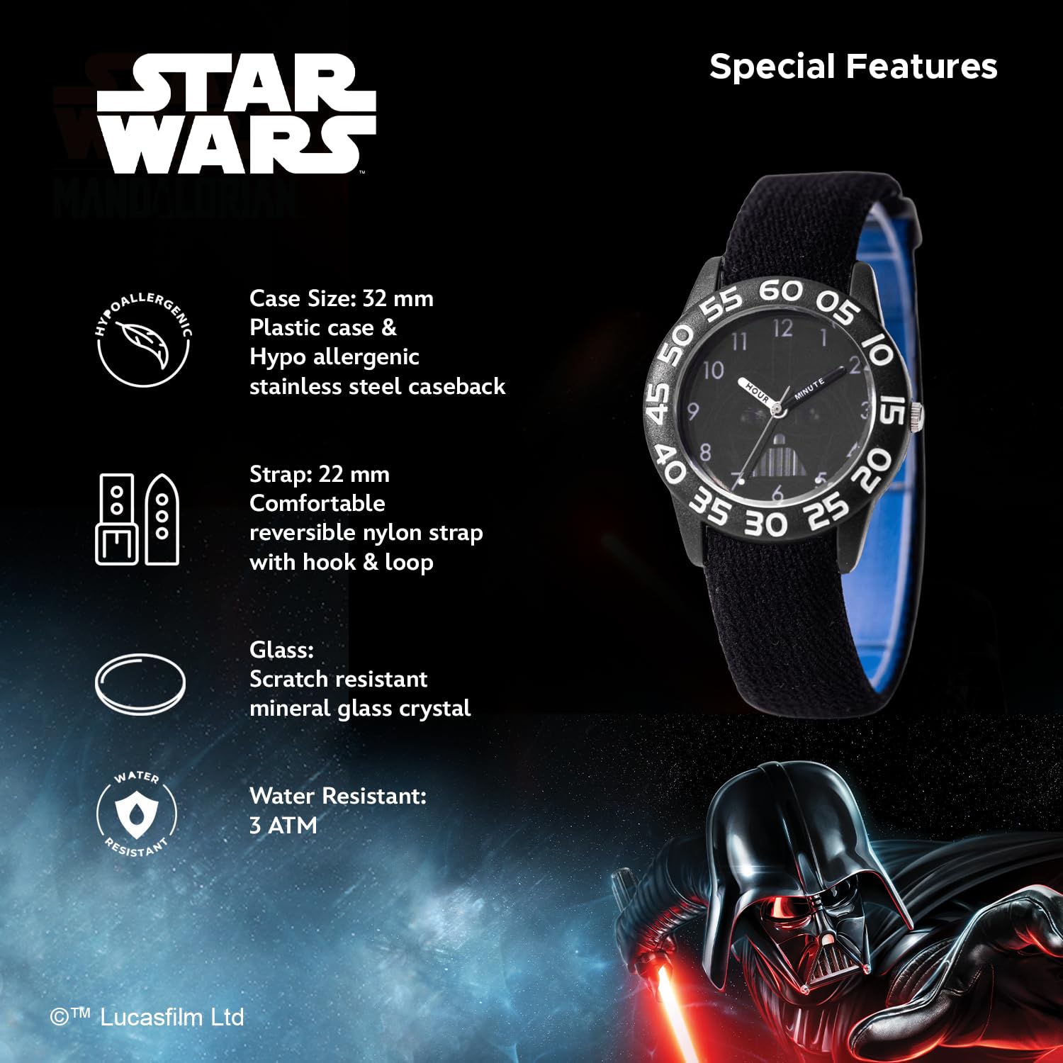 STAR WARS Reloj analógico de Cuarzo con Correa de Nailon para niños