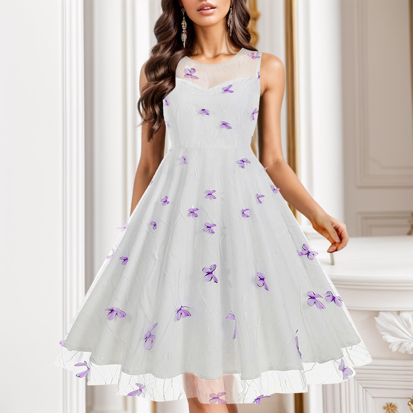 Vestito Scollato Donna - Abito Vintage con Scollo Tondo Senza Maniche in Pizzo Europeo E Americano Ricamato con Farfalla del Giorno