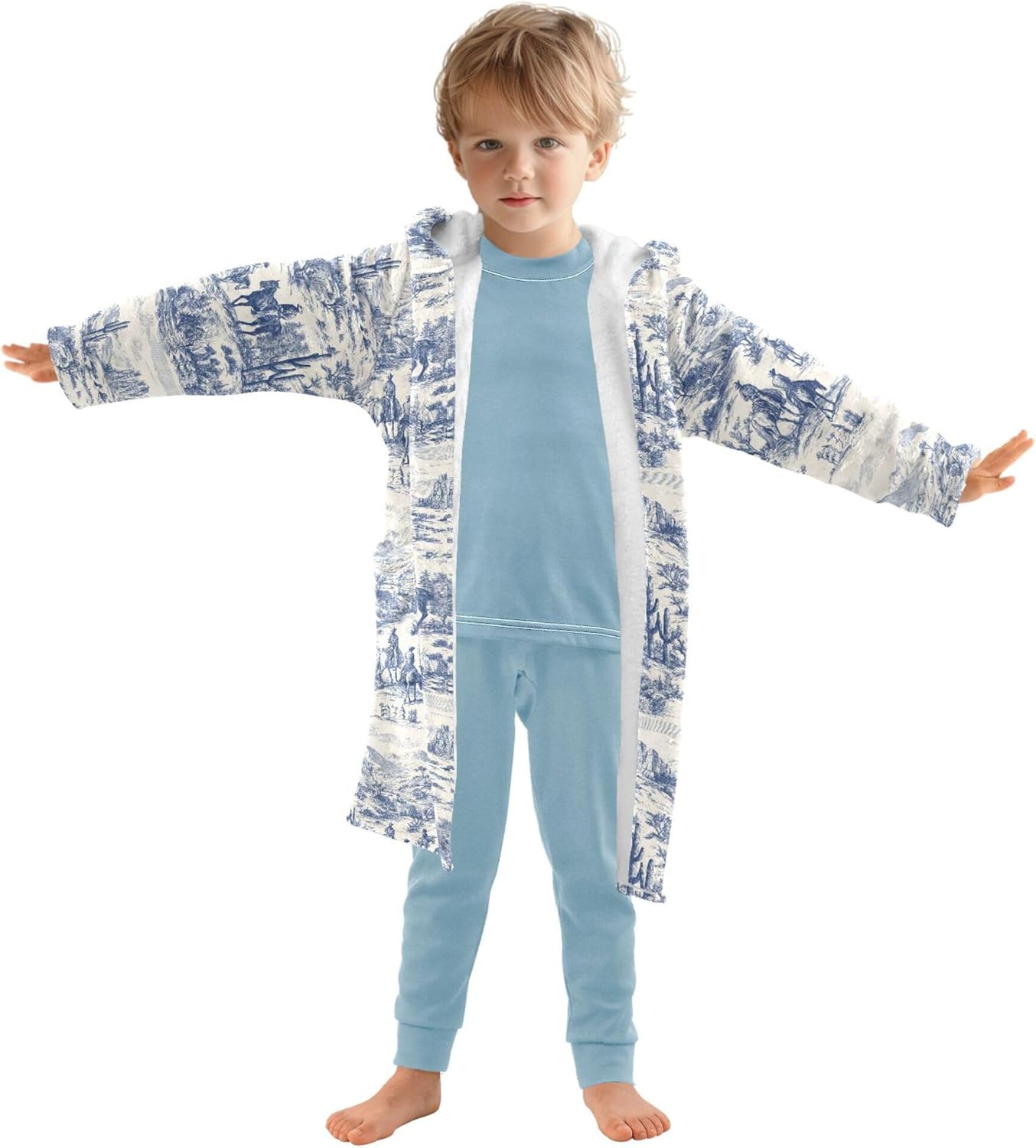 Vintage Cowboys Horses Cactus Blue Bathrobe Hooded PJ Robe Soft Fleece Robe Sleepwear 2-12 Years